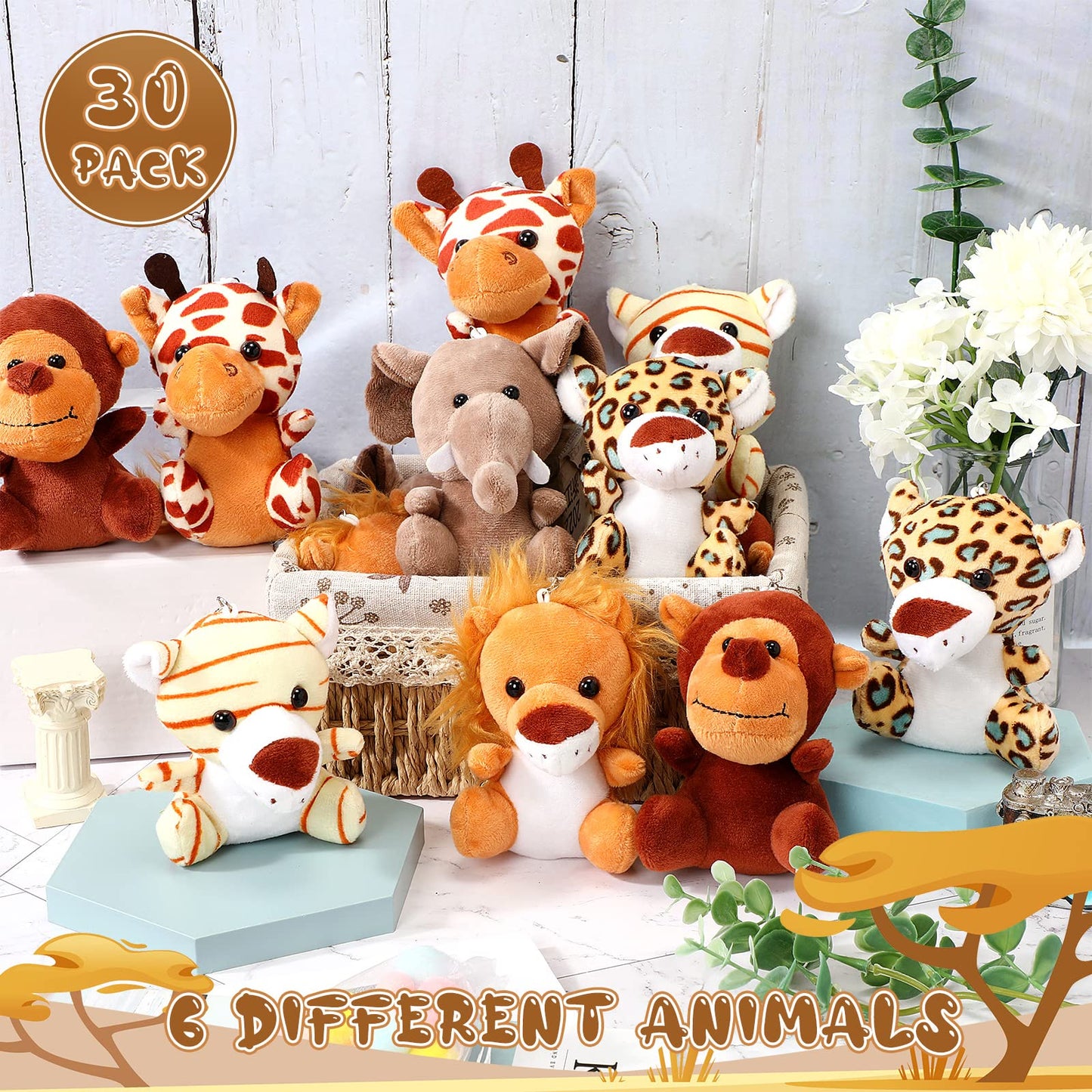 Leitee 30-Piece Mini Jungle Safari Plush — 4.8" Lion, Tiger, Elephant, Giraffe, Leopard & Monkey for Baby Showers & Jungle Parties