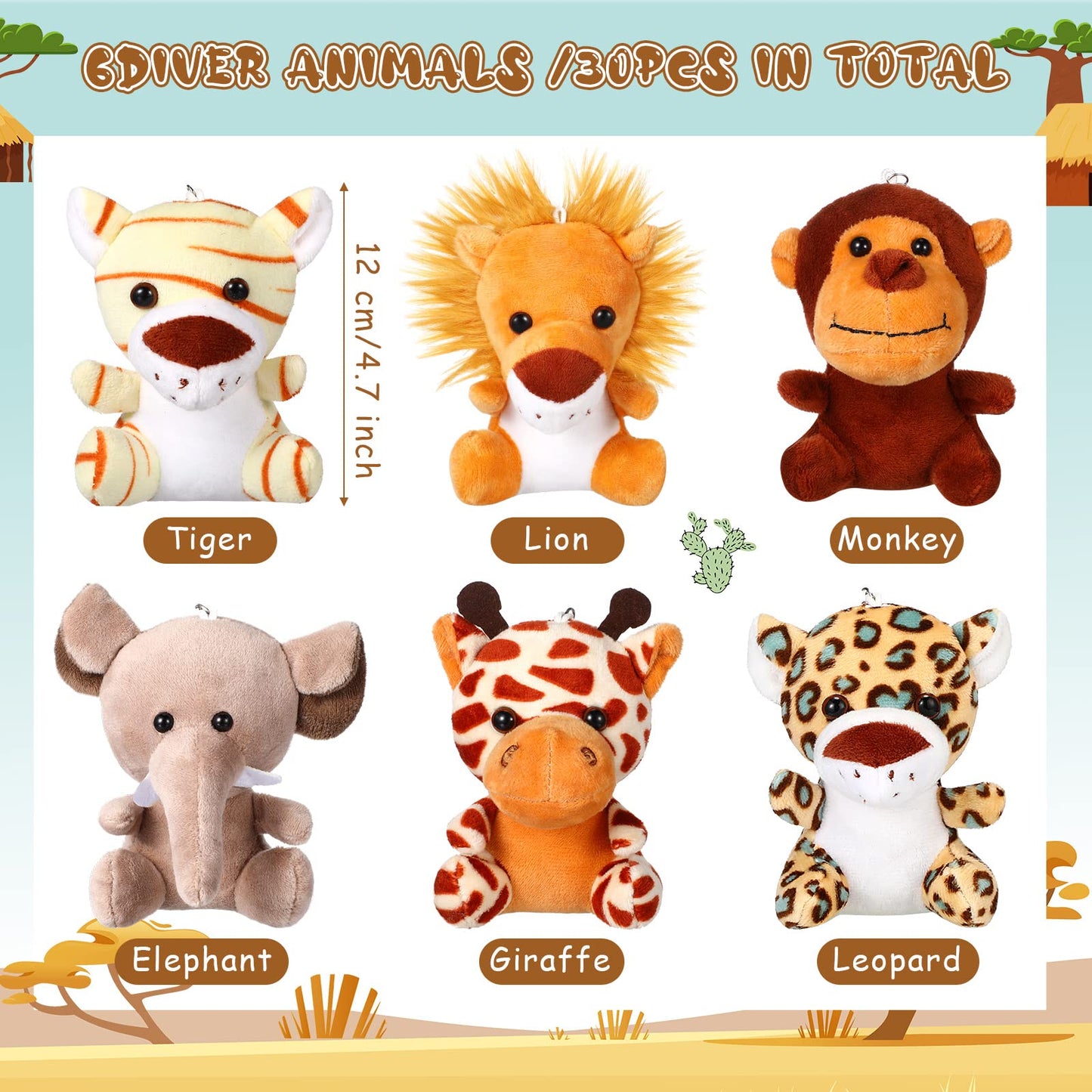 Leitee 30-Piece Mini Jungle Safari Plush — 4.8" Lion, Tiger, Elephant, Giraffe, Leopard & Monkey for Baby Showers & Jungle Parties