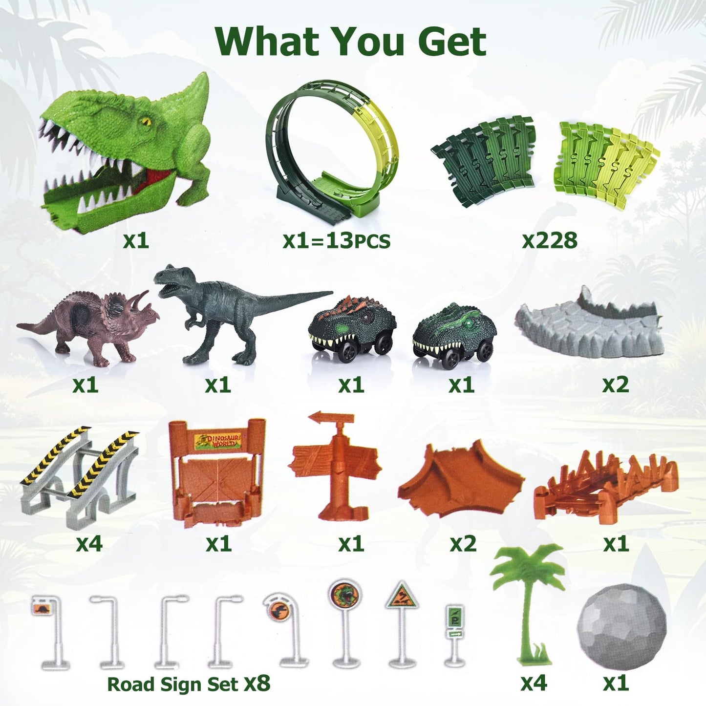 LEIWUS Dinosaur Track Playset – 286-Piece Flexible Race Car Set with 2 LED Dinosaurs