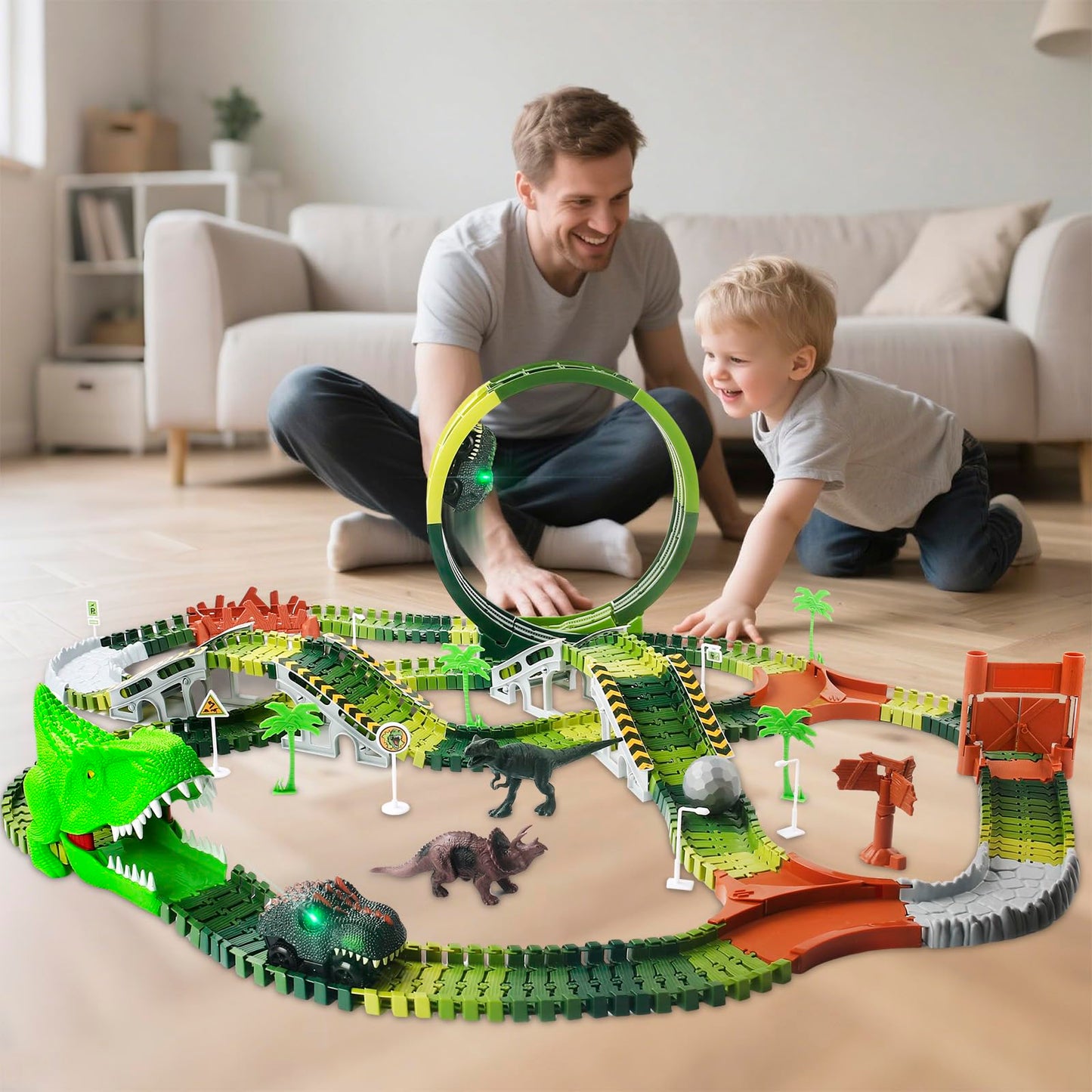 LEIWUS Dinosaur Track Playset – 286-Piece Flexible Race Car Set with 2 LED Dinosaurs