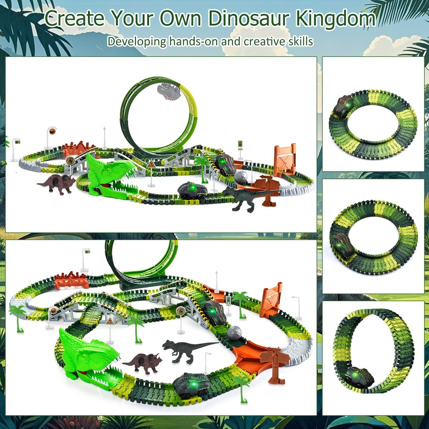 LEIWUS Dinosaur Track Playset – 286-Piece Flexible Race Car Set with 2 LED Dinosaurs