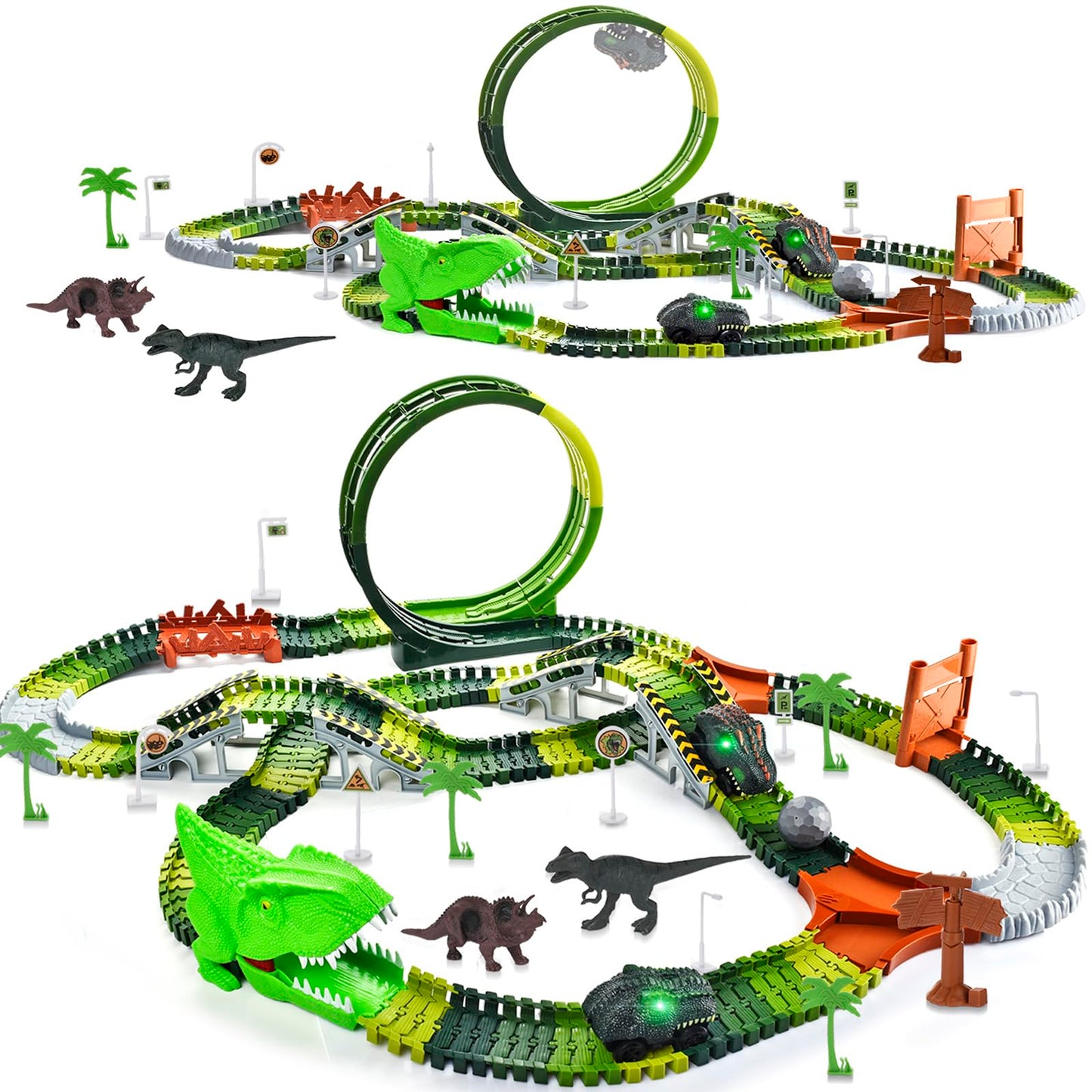 LEIWUS Dinosaur Track Playset – 286-Piece Flexible Race Car Set with 2 LED Dinosaurs