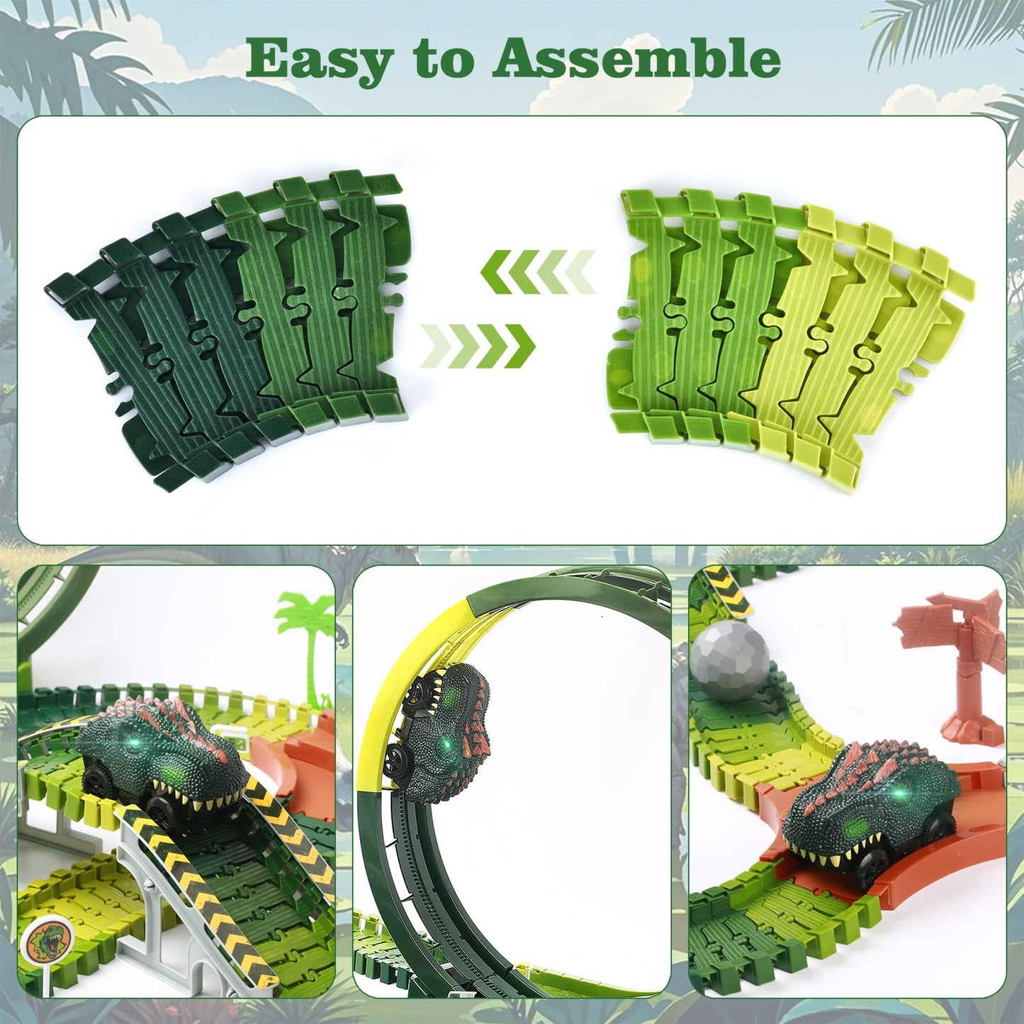 LEIWUS Dinosaur Track Playset – 286-Piece Flexible Race Car Set with 2 LED Dinosaurs