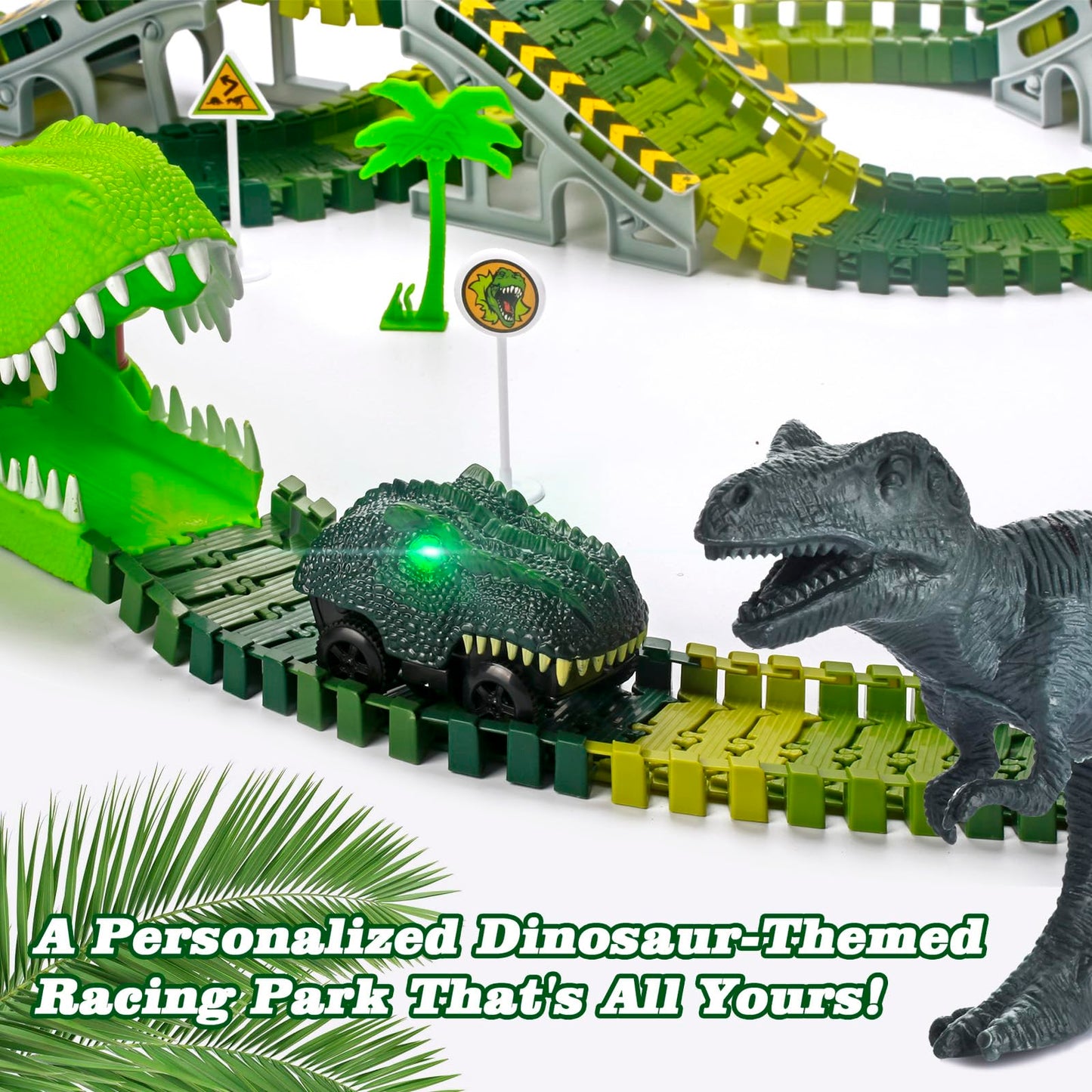 LEIWUS Dinosaur Track Playset – 286-Piece Flexible Race Car Set with 2 LED Dinosaurs