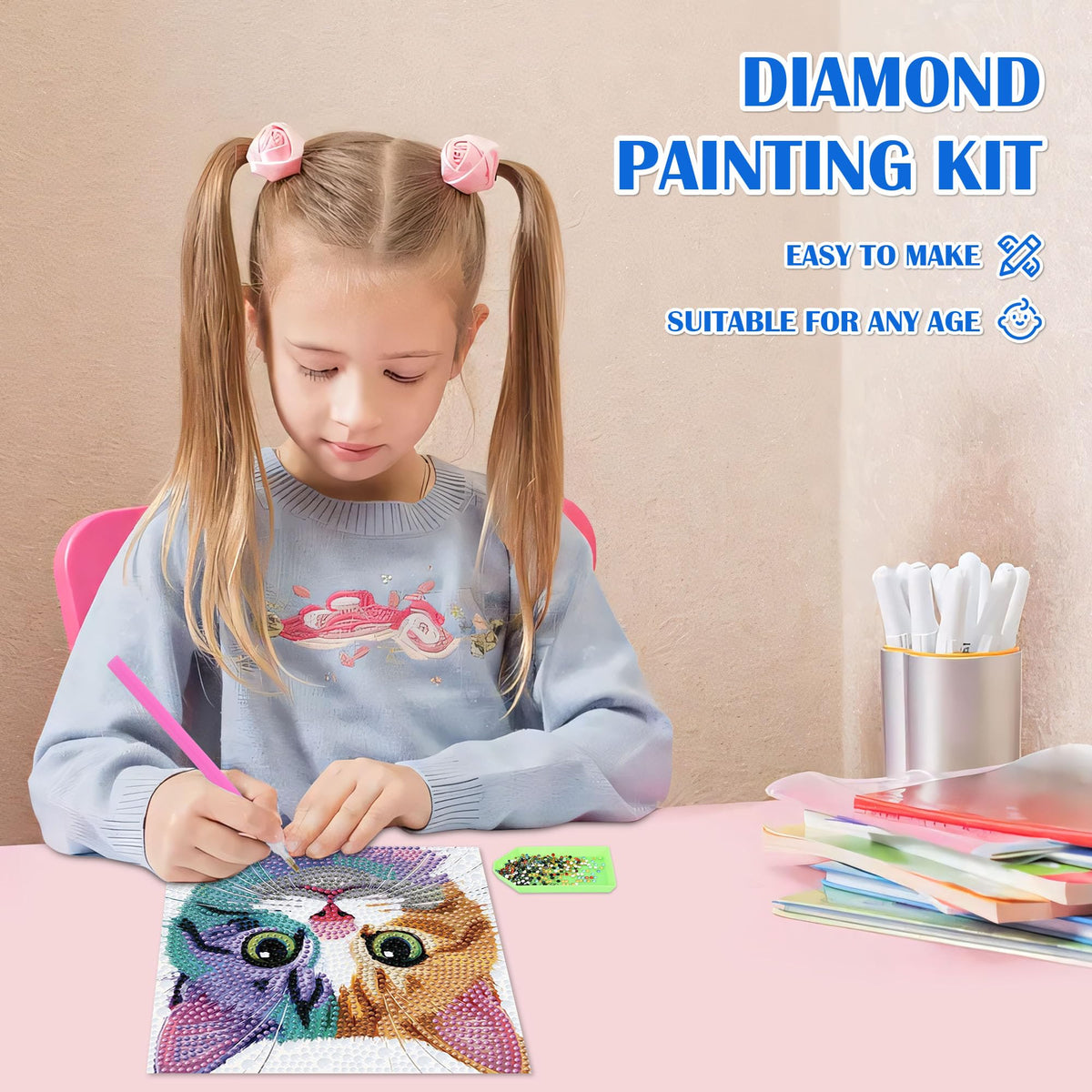 Leixonl Diamond Art Kit for Kids – Framed 7x7 Cartoon Animals (Kitten) Diamond Painting