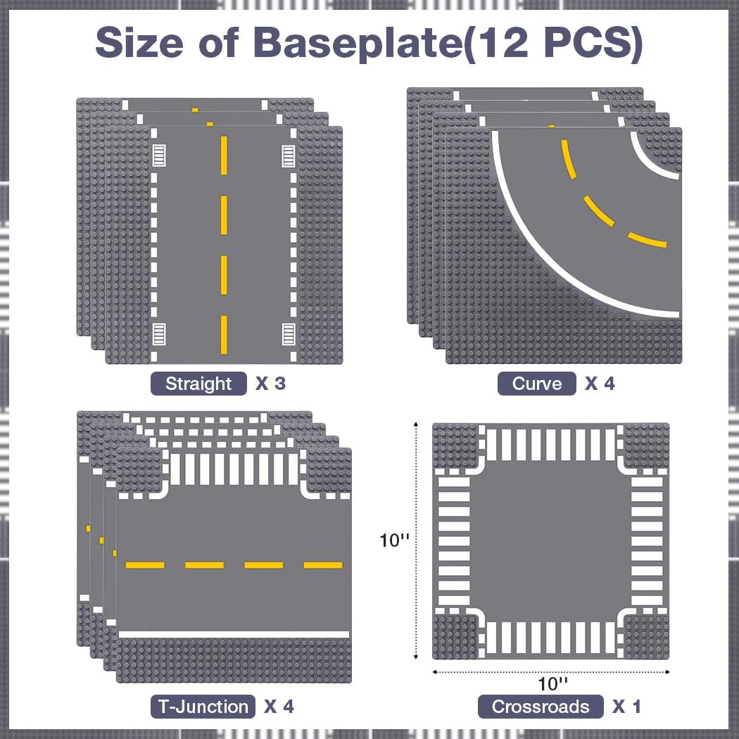 Lekebaby 12 Pack 10x10 Grey Road Base Plates – 4 Curve, 4 T Junction, 3 Straight, 1 Junction