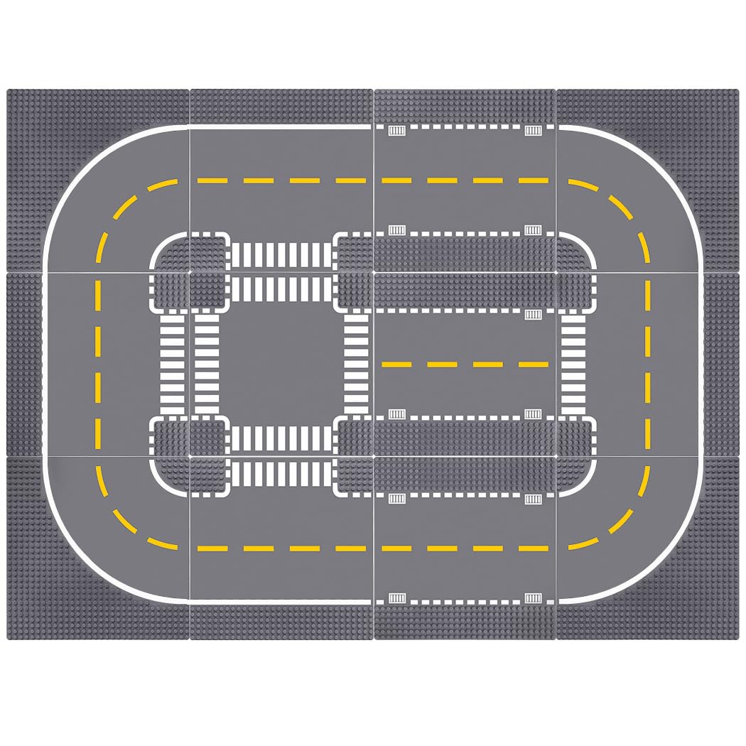 Lekebaby 12 Pack 10x10 Grey Road Base Plates – 4 Curve, 4 T Junction, 3 Straight, 1 Junction