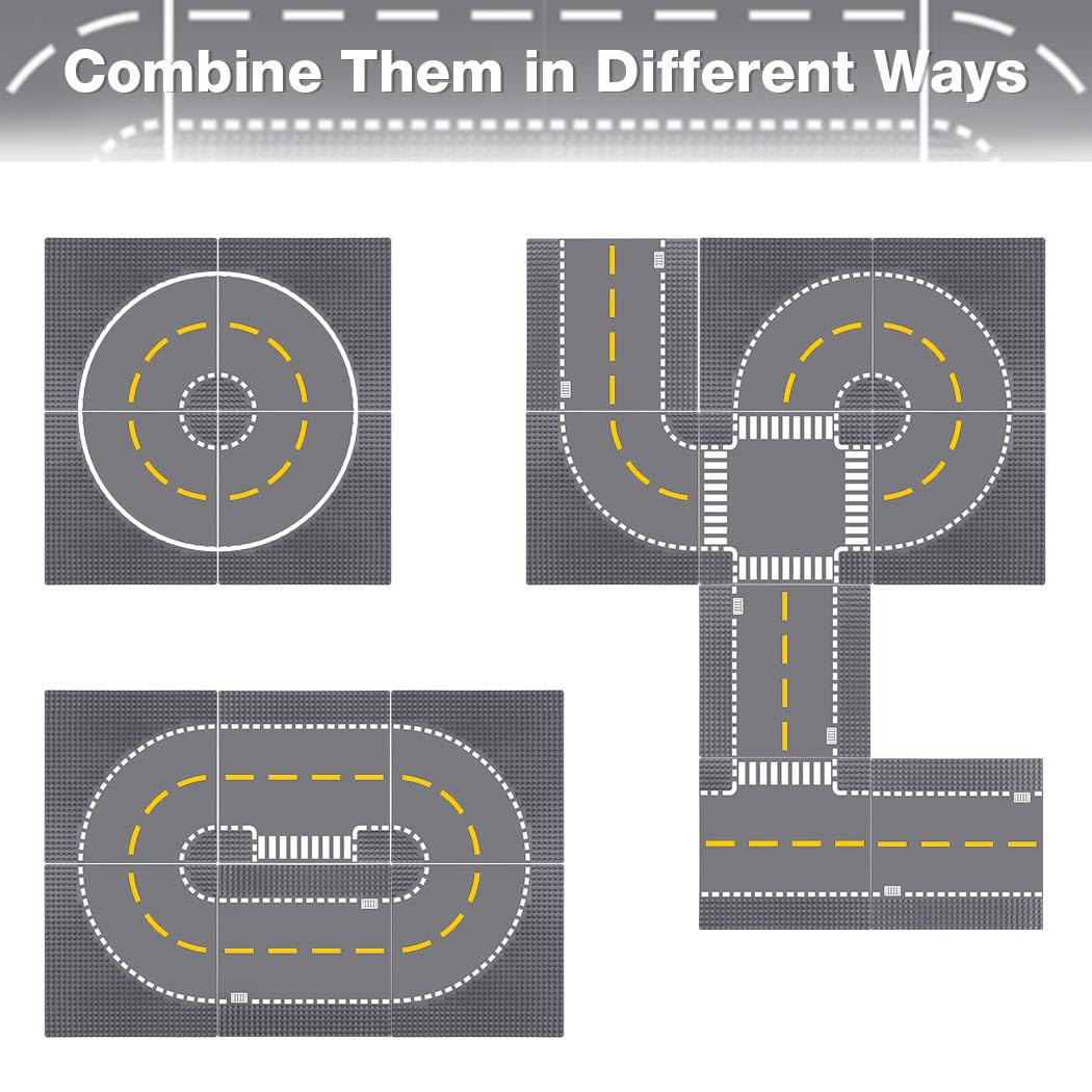 Lekebaby 12 Pack 10x10 Grey Road Base Plates – 4 Curve, 4 T Junction, 3 Straight, 1 Junction