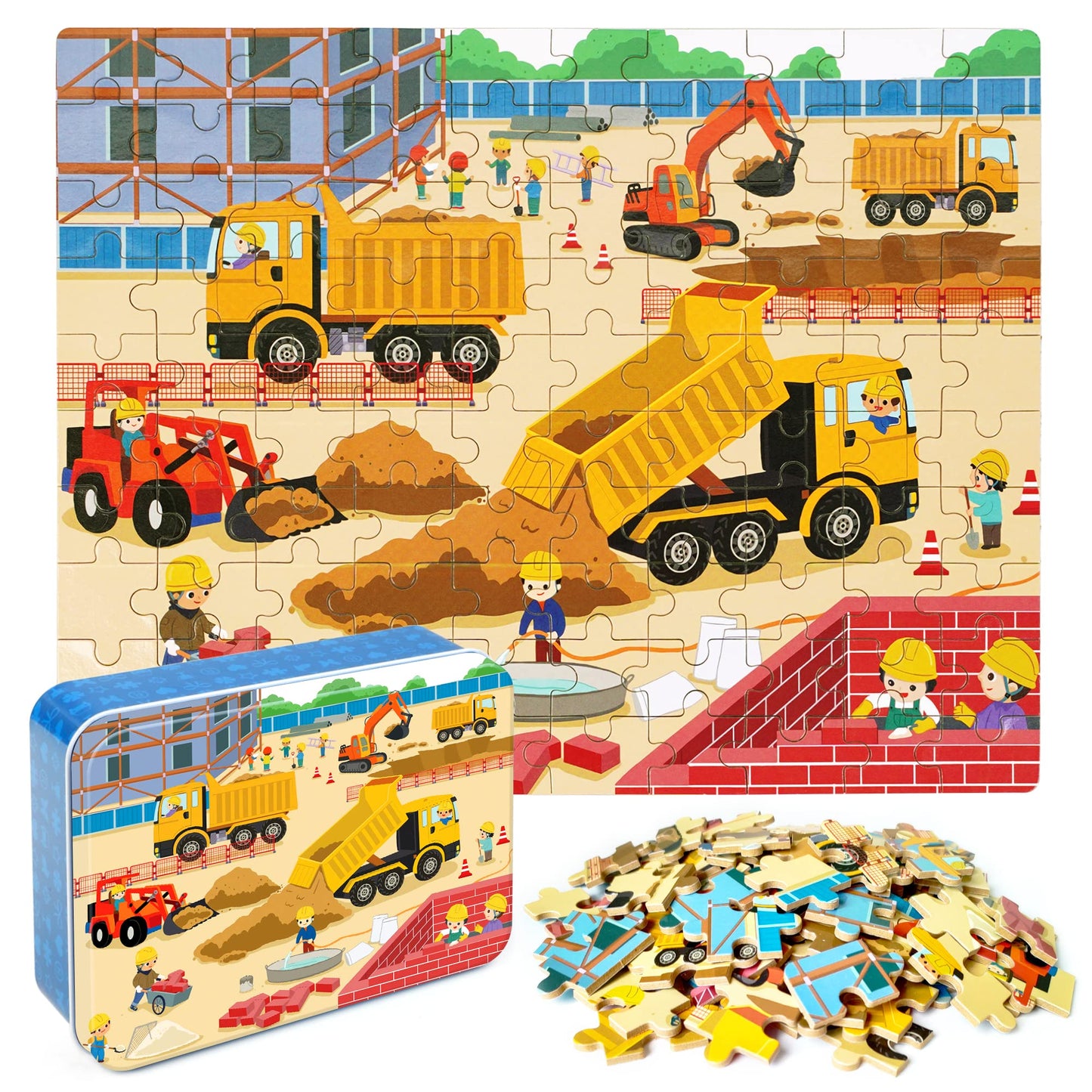 LELEMON 100-Piece Jigsaw Puzzles in Tin Box – Construction Site Vehicles for Kids 4-8