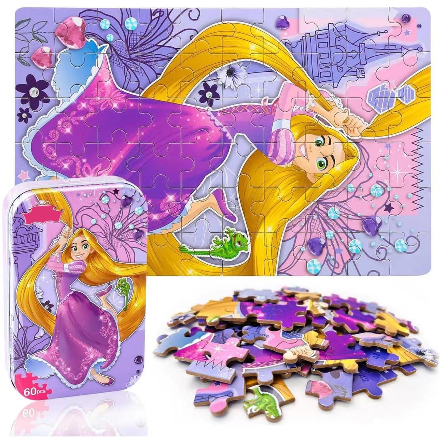 LELEMON 60-Piece Puzzles for Kids Ages 4-8 with Metal Storage Box