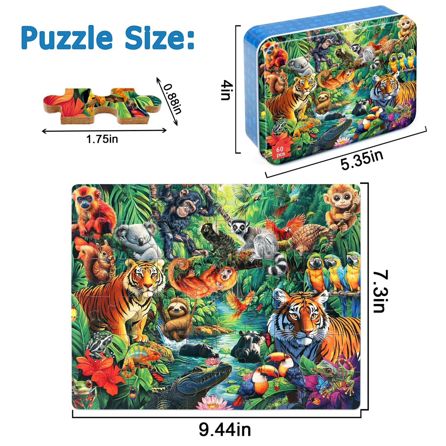 LELEMON Jungle Puzzle for Kids 4-6 – 60-Piece Jigsaw in Metal Storage Box