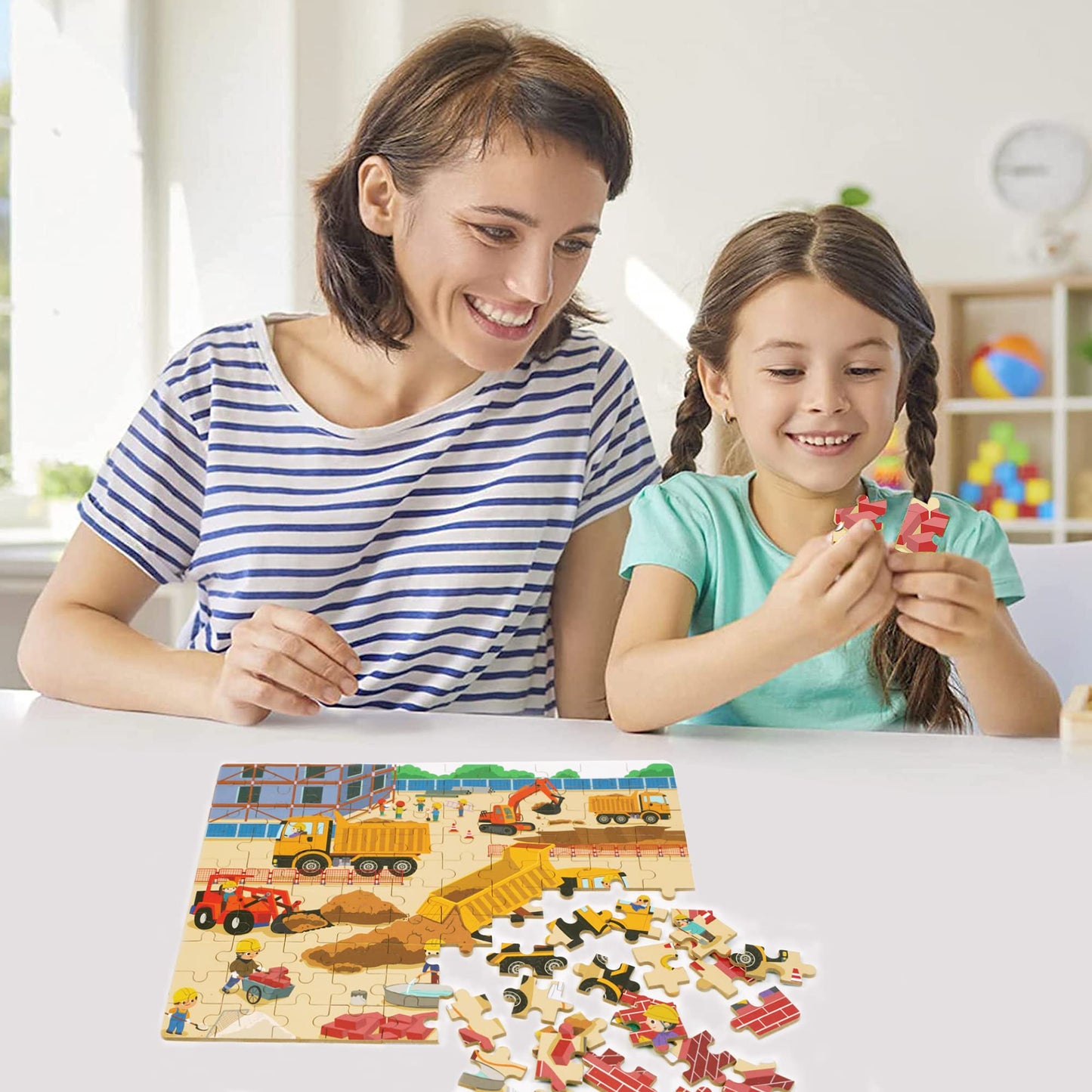 LELEMON 100-Piece Jigsaw Puzzles in Tin Box – Construction Site Vehicles for Kids 4-8