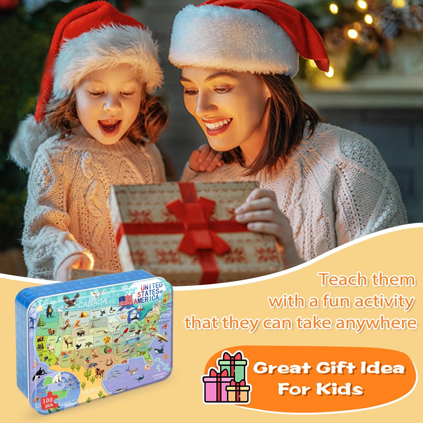 LELEMON USA Map 100-Piece Puzzle for Kids 4-8 in Metal Box | Educational Jigsaw