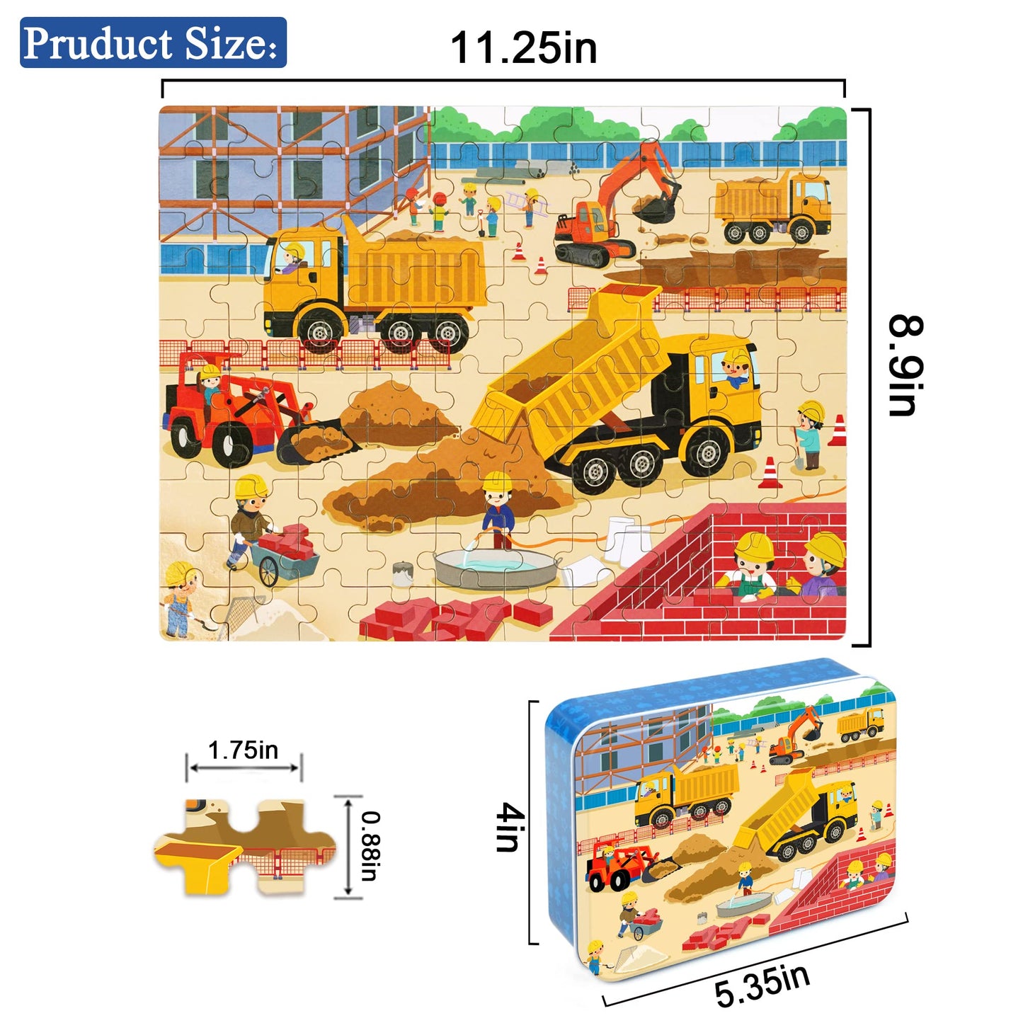 LELEMON 100-Piece Jigsaw Puzzles in Tin Box – Construction Site Vehicles for Kids 4-8