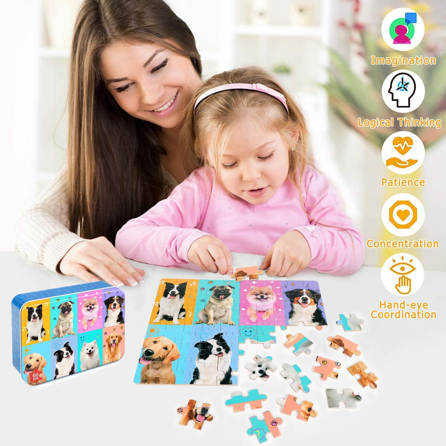 LELEMON Dog Puzzle 60-Piece for Kids 4-8 | Metal Storage Box | Educational Jigsaw