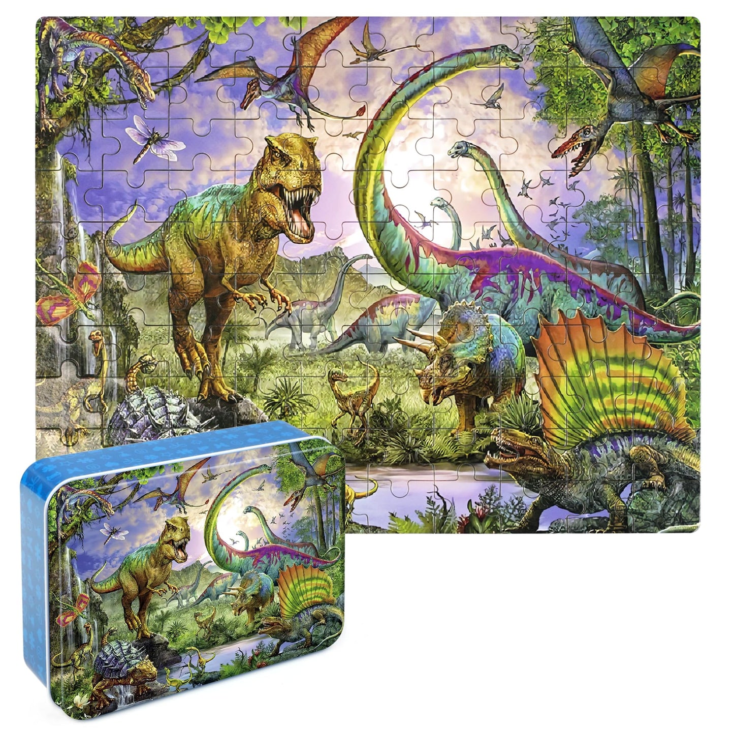 LELEMON Dinosaur Puzzle – 100-Piece Jigsaw for Kids 4-8 in Metal Box