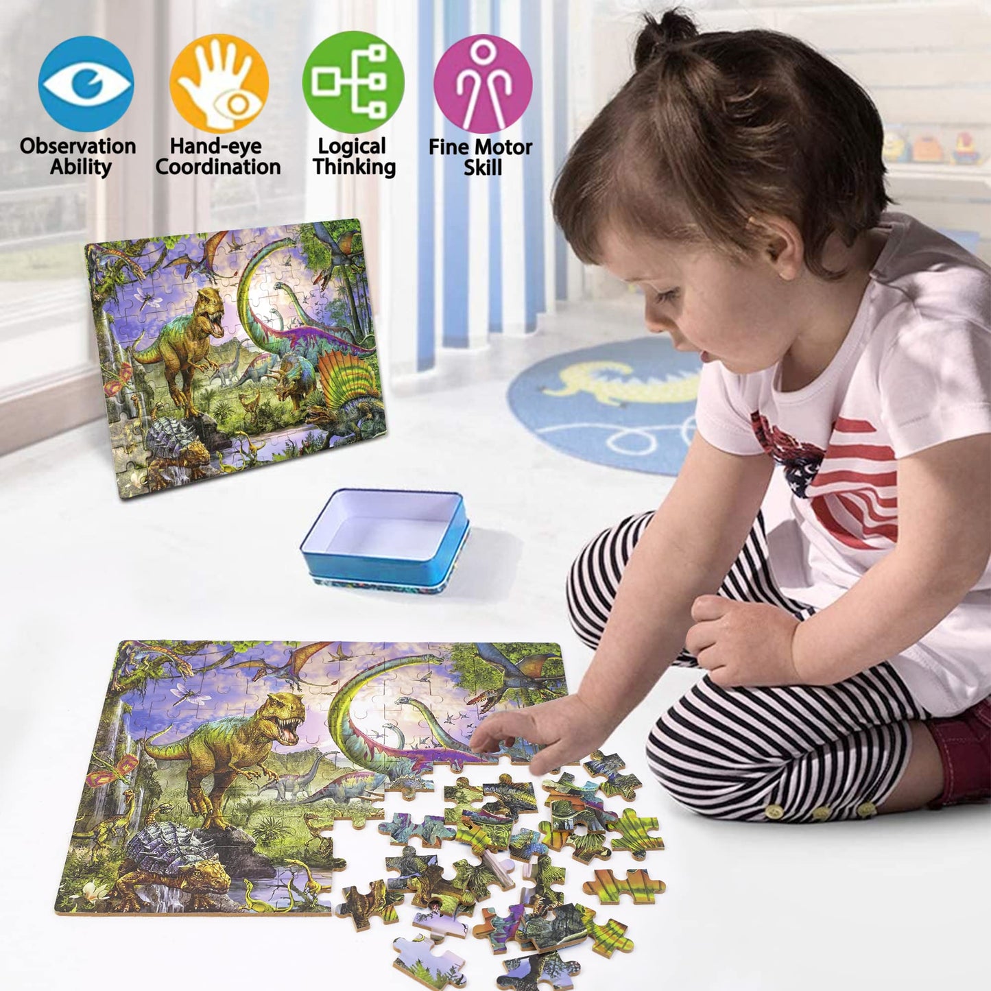 LELEMON Dinosaur Puzzle – 100-Piece Jigsaw for Kids 4-8 in Metal Box