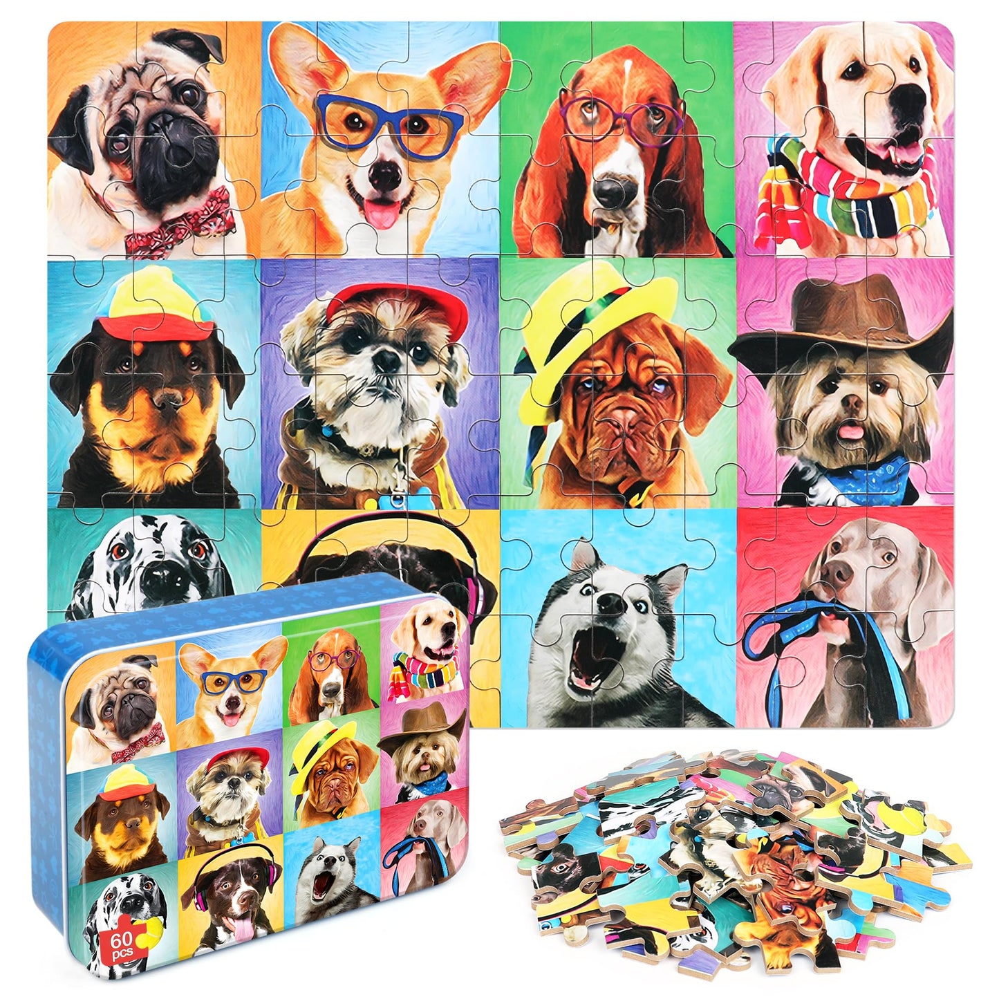 LELEMON Dog 60-Piece Puzzles for Kids 4-8 | Metal Tin Box & Educational Jigsaw Toy