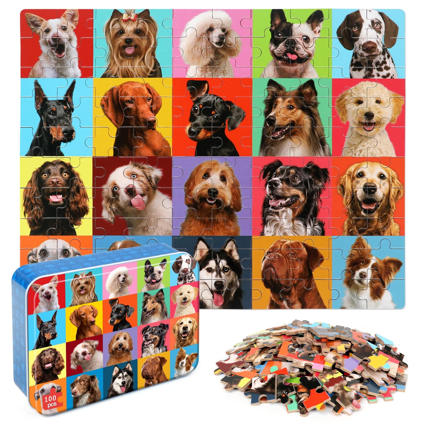 LELEMON 100-Piece Dog Puzzle for Kids 4-8 – Metal Box Educational Jigsaw Toy