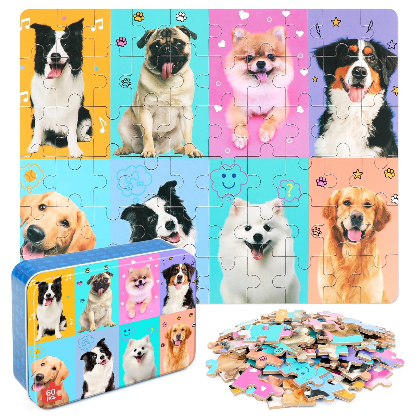 LELEMON Dog Puzzle 60-Piece for Kids 4-8 | Metal Storage Box | Educational Jigsaw