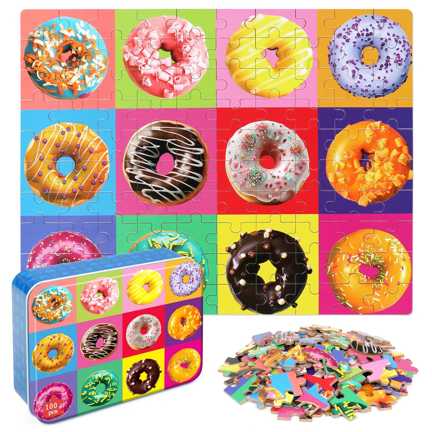 LELEMON Donut 100 Piece Puzzles for Kids 4-6 – Metal Box Storage, Educational Jigsaw