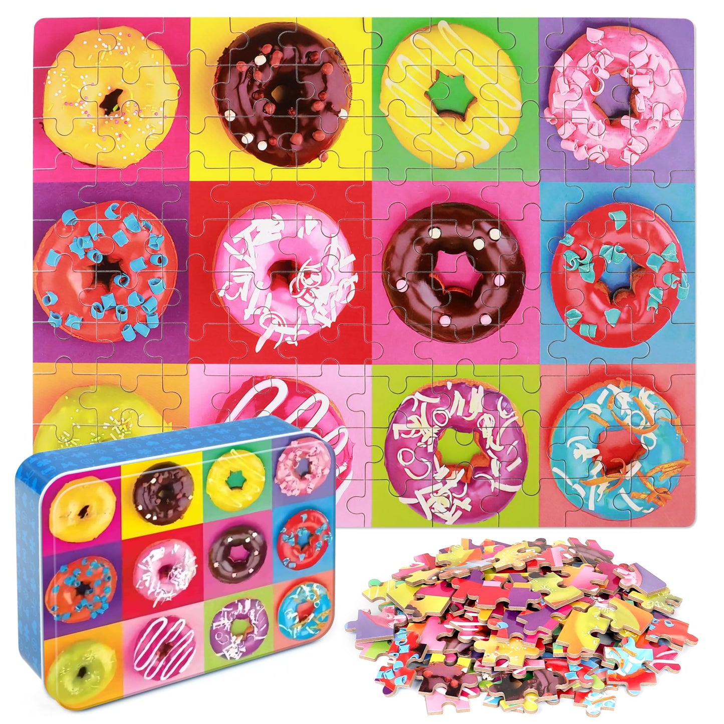 LELEMON Donut Puzzle – 100-Piece Jigsaw for Kids Aged 4-8 in Metal Box