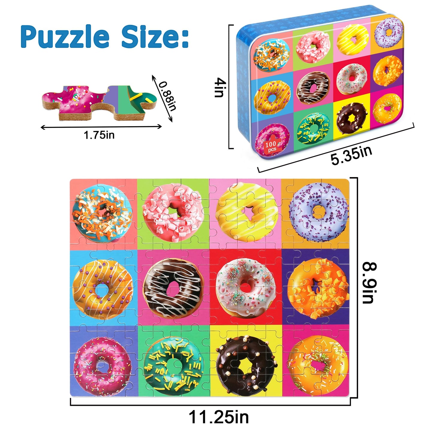 LELEMON Donut 100 Piece Puzzles for Kids 4-6 – Metal Box Storage, Educational Jigsaw