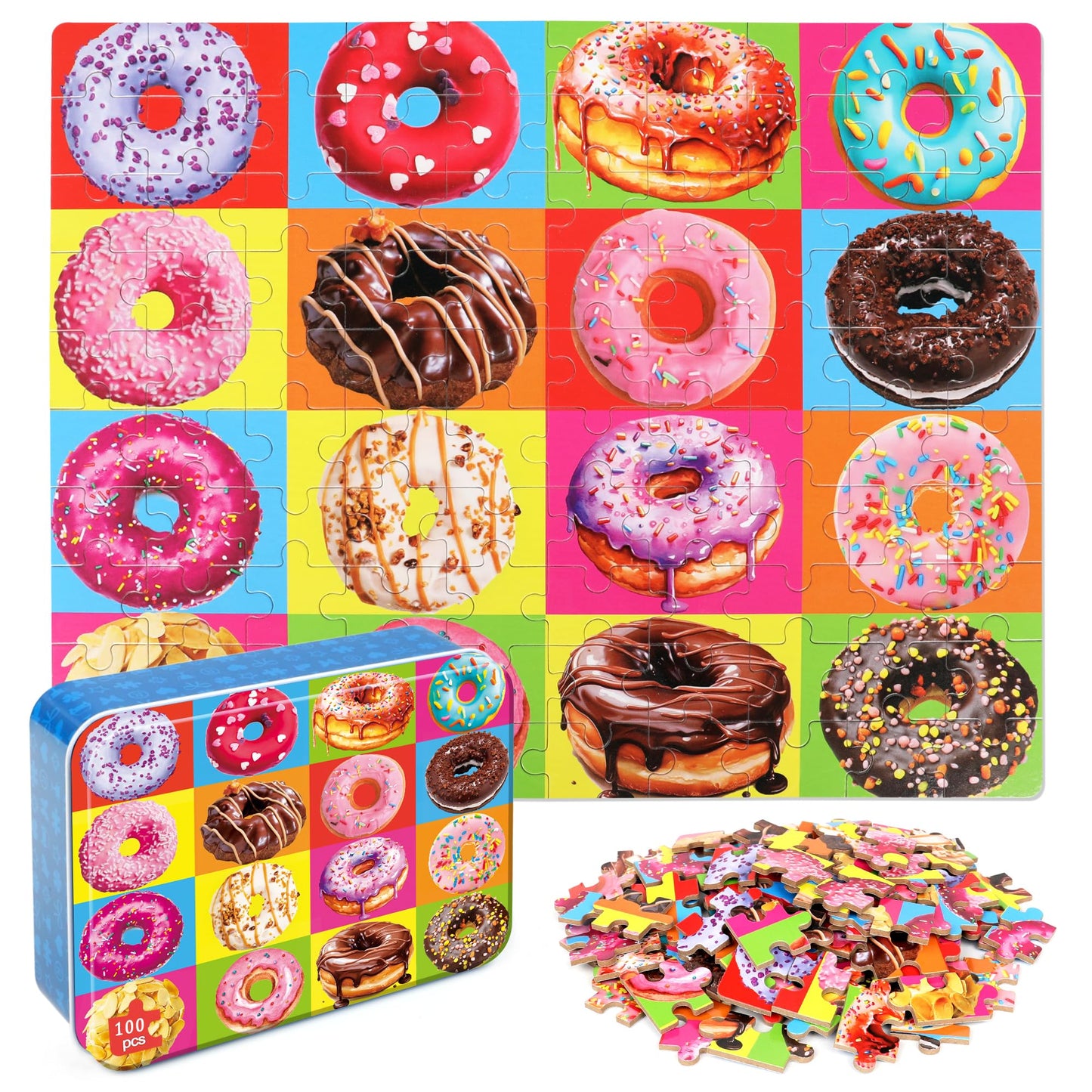 LELEMON Donuts Jigsaw Puzzle for Kids Ages 4-8 | 100-Piece Colorful Educational Puzzle