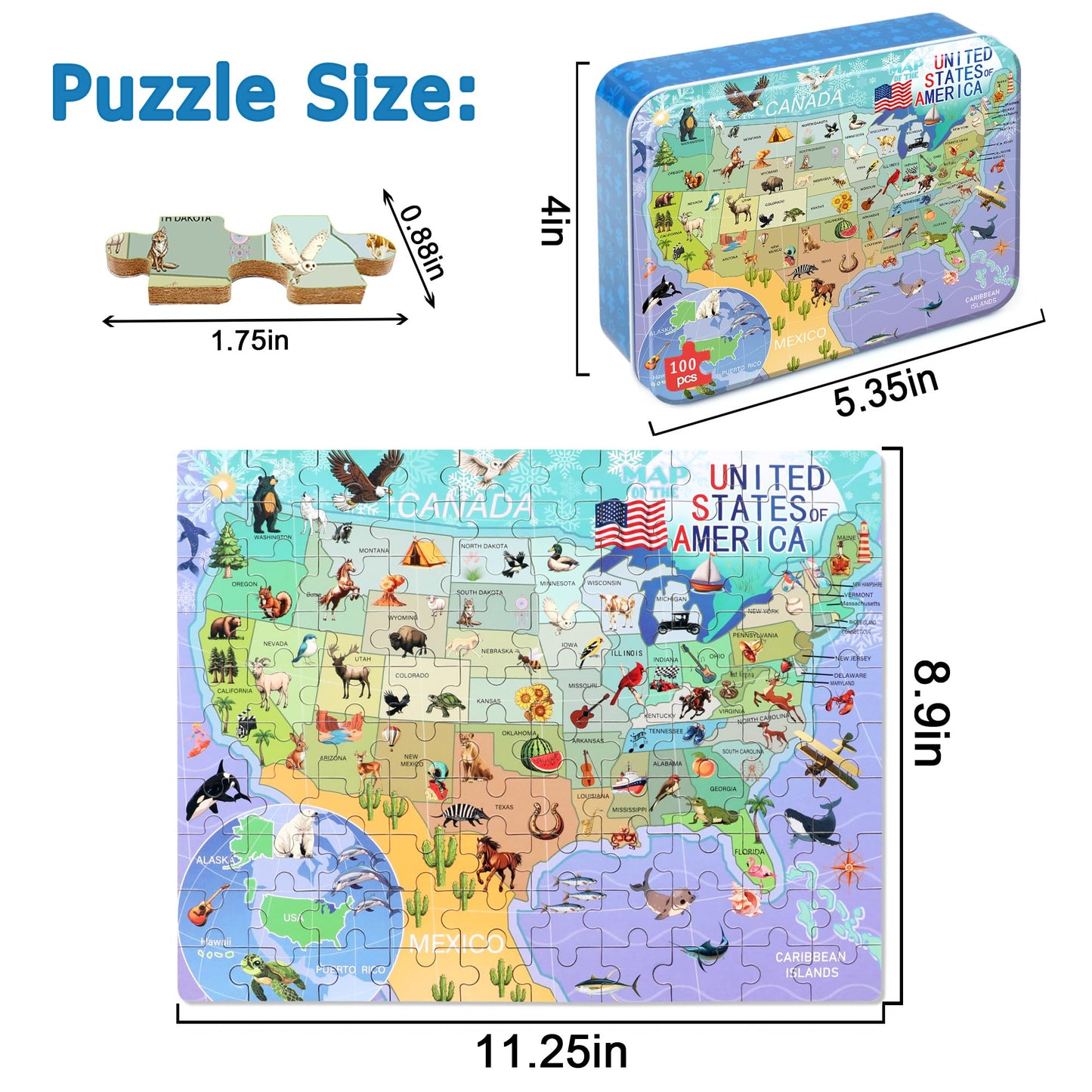 LELEMON USA Map 100-Piece Puzzle for Kids 4-8 in Metal Box | Educational Jigsaw