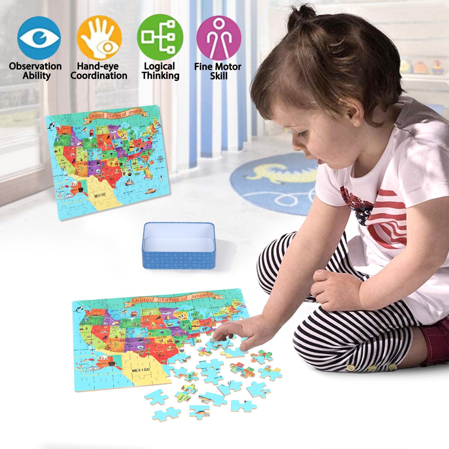 LELEMON USA Map 100-Piece Puzzle for Kids 4-8 in Metal Box | Educational Jigsaw
