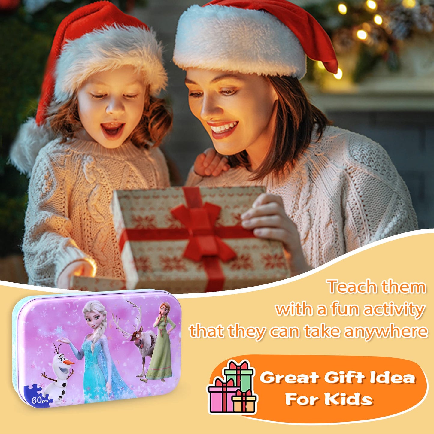 LELEMON Pretty Girl and Snowman 60-Piece Puzzles in Metal Box – Educational Jigsaws for Kids Aged 3-6
