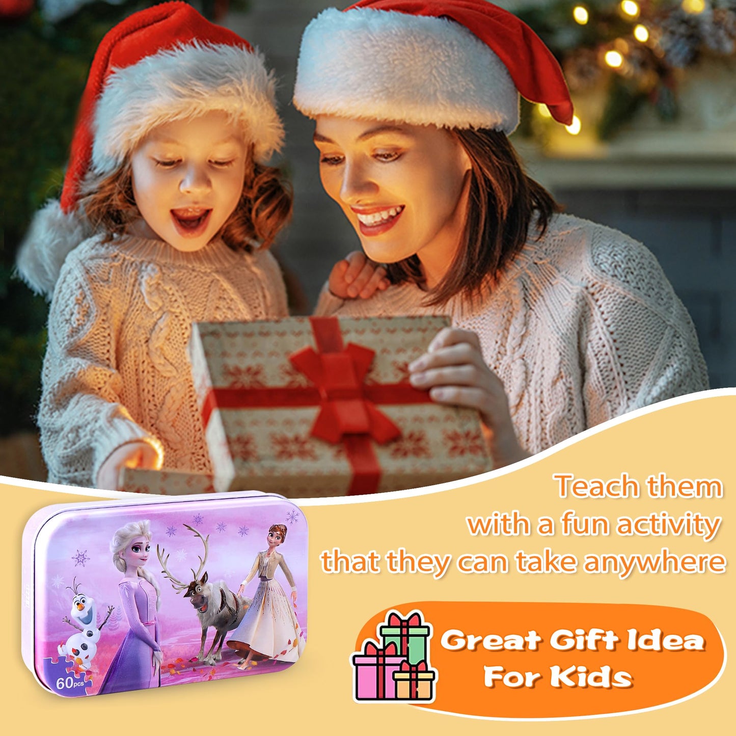 LELEMON Pretty Puzzles for Kids 4-6 — Snowmen 60-Piece Jigsaw in Metal Box