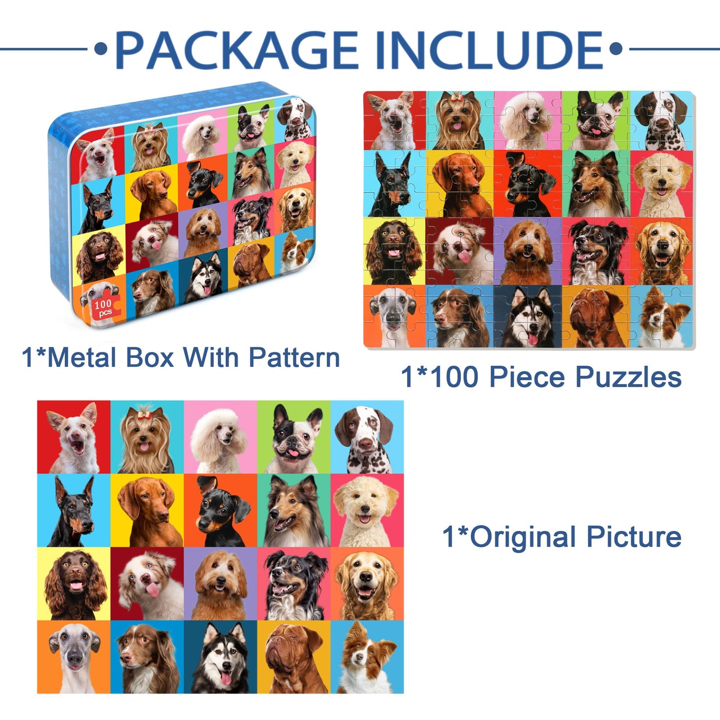 LELEMON 100-Piece Dog Puzzle for Kids 4-8 – Metal Box Educational Jigsaw Toy
