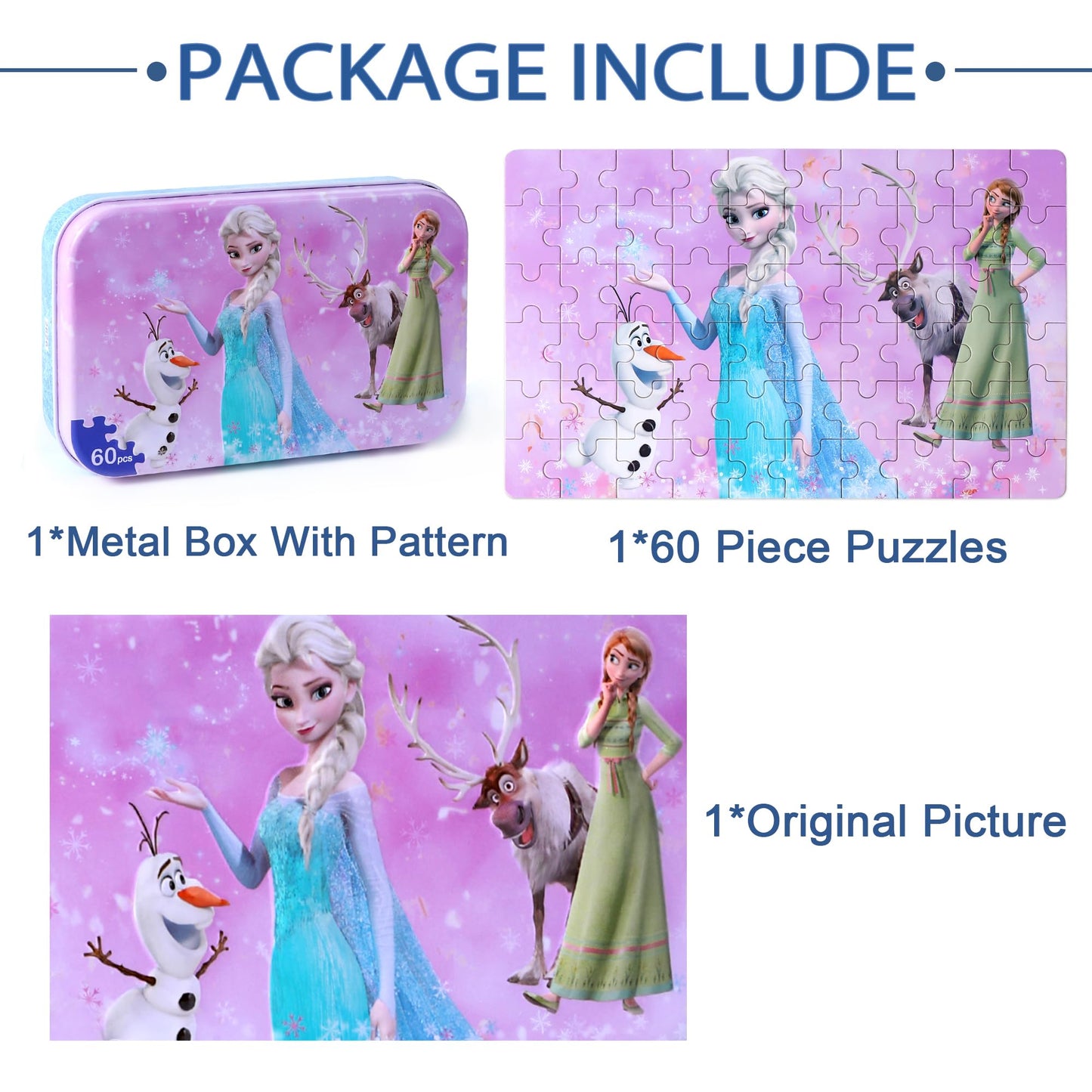 LELEMON Pretty Girl and Snowman 60-Piece Puzzles in Metal Box – Educational Jigsaws for Kids Aged 3-6