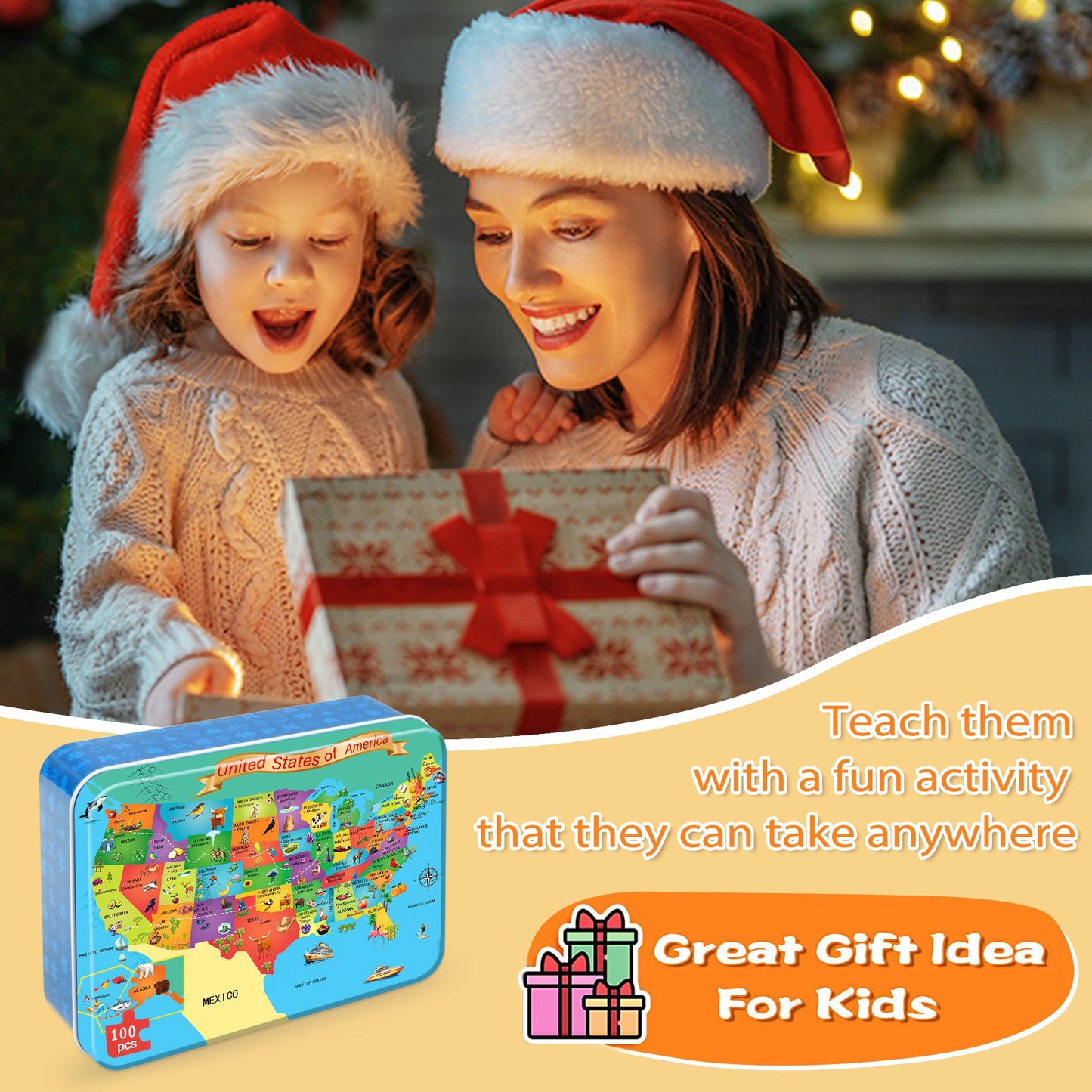 LELEMON USA Map 100-Piece Puzzle for Kids 4-8 in Metal Box | Educational Jigsaw