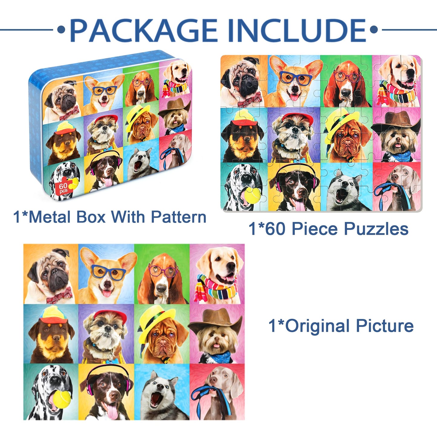 LELEMON Dog 60-Piece Puzzles for Kids 4-8 | Metal Tin Box & Educational Jigsaw Toy