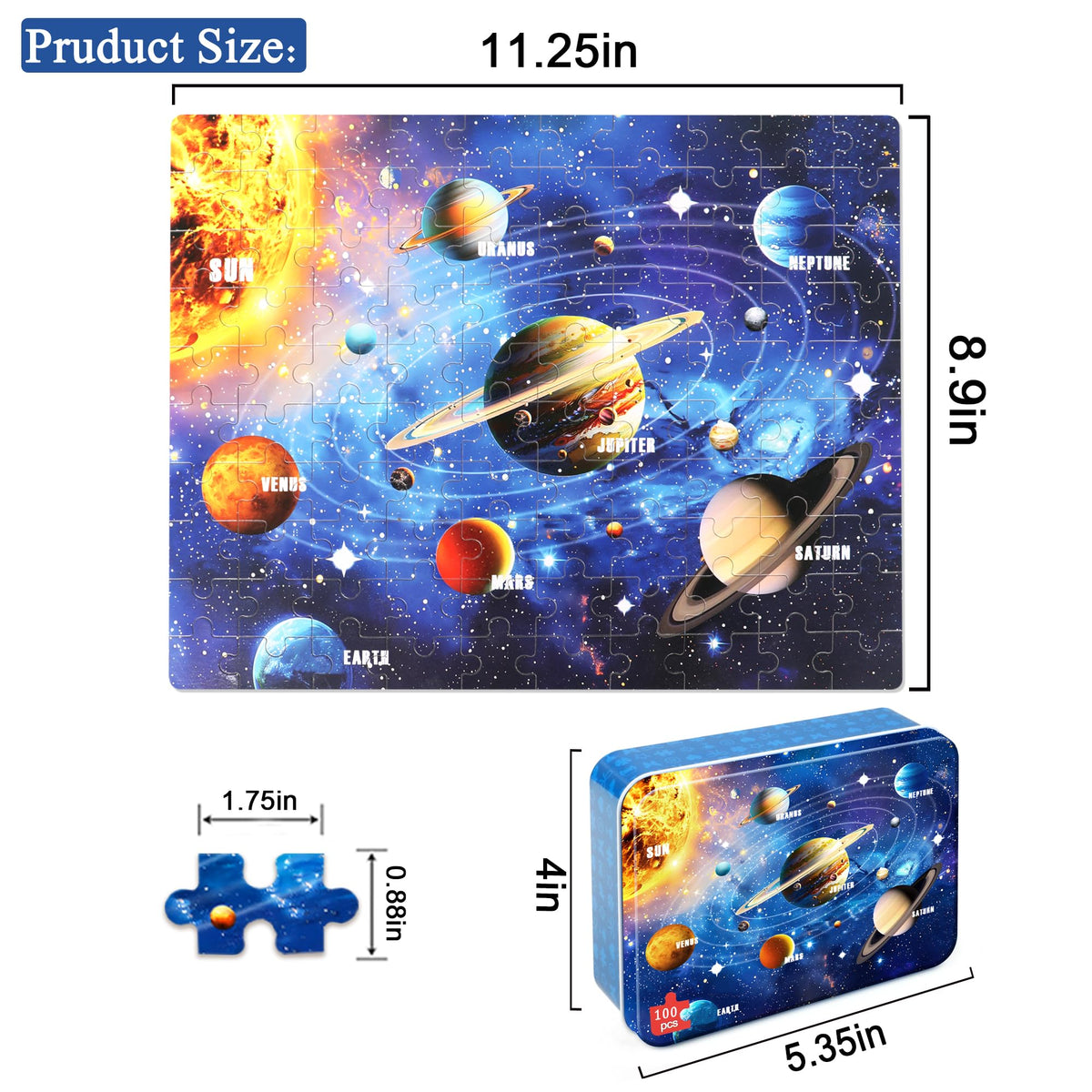 LELEMON 100-Piece Solar System Jigsaw Puzzles for Kids 4-8 – Educational & Portable Tin Box