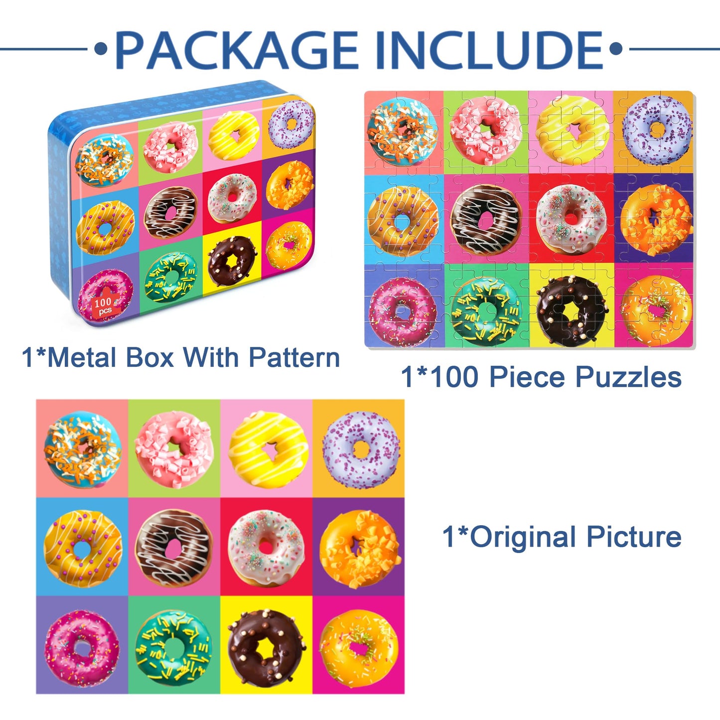 LELEMON Donut 100 Piece Puzzles for Kids 4-6 – Metal Box Storage, Educational Jigsaw
