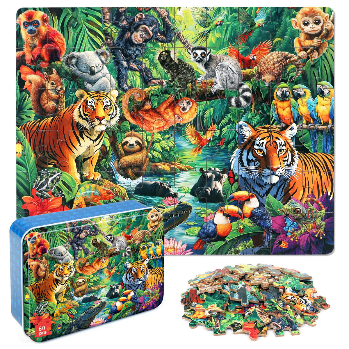 LELEMON Jungle Puzzle for Kids 4-6 – 60-Piece Jigsaw in Metal Storage Box