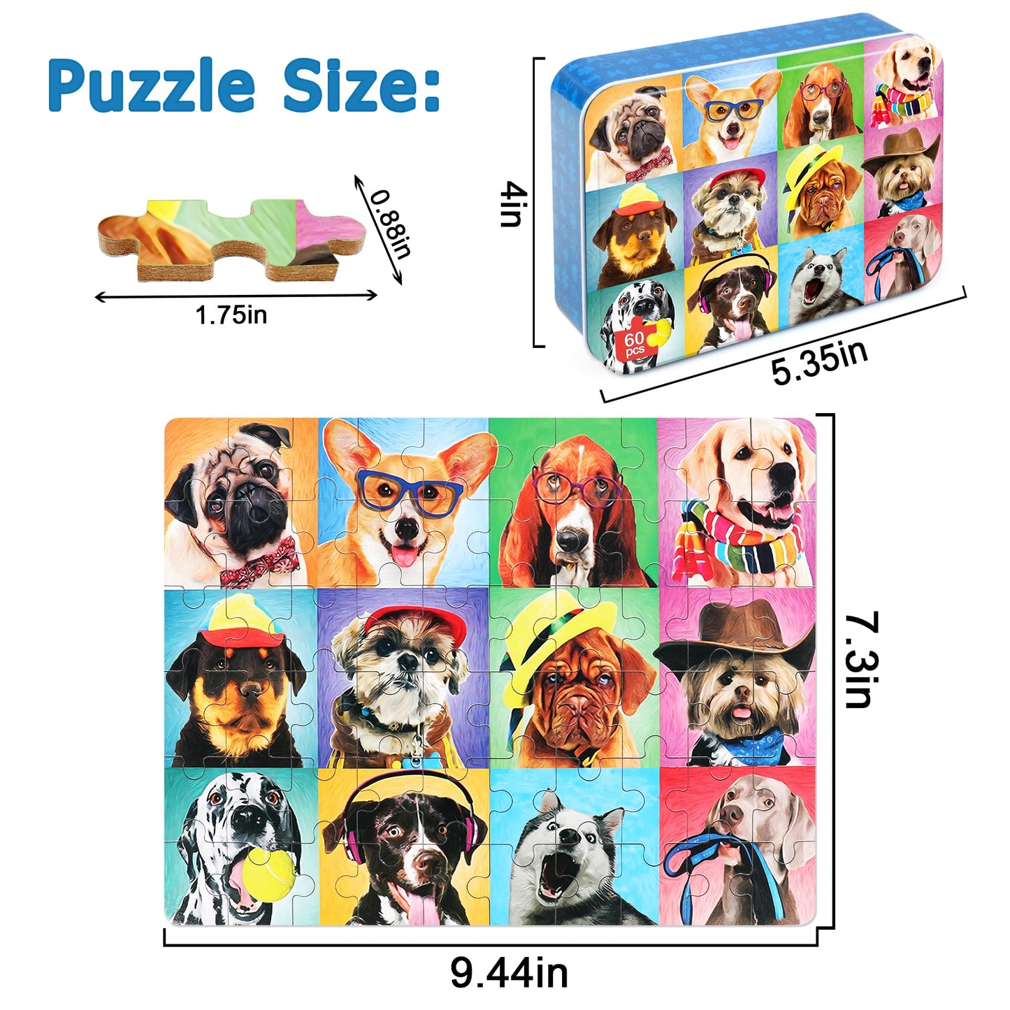 LELEMON Dog 60-Piece Puzzles for Kids 4-8 | Metal Tin Box & Educational Jigsaw Toy