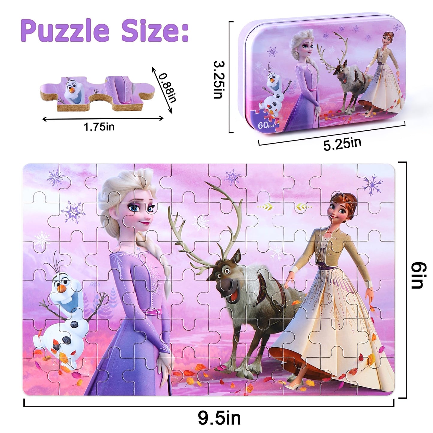 LELEMON Pretty Puzzles for Kids 4-6 — Snowmen 60-Piece Jigsaw in Metal Box