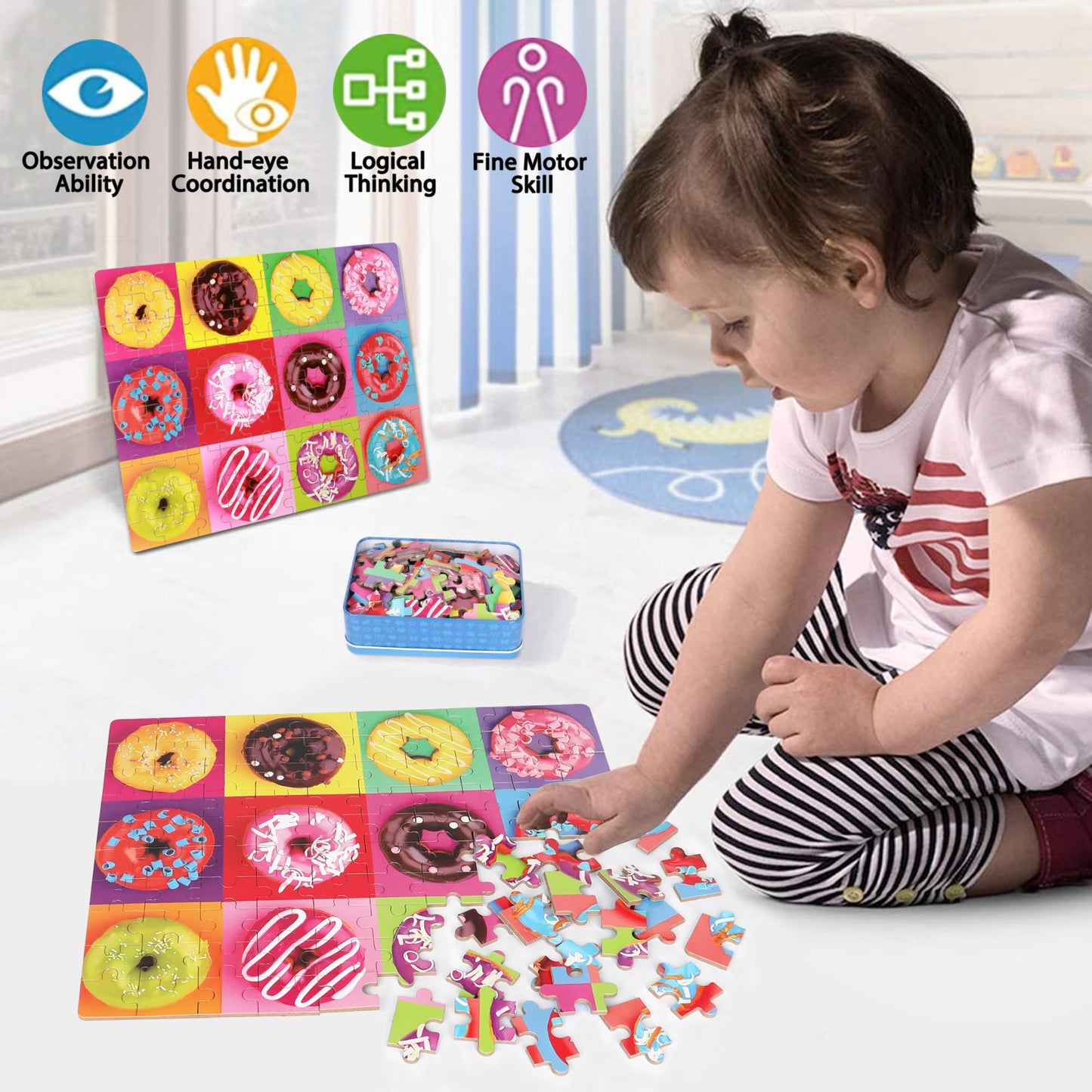 LELEMON Donut Puzzle – 100-Piece Jigsaw for Kids Aged 4-8 in Metal Box