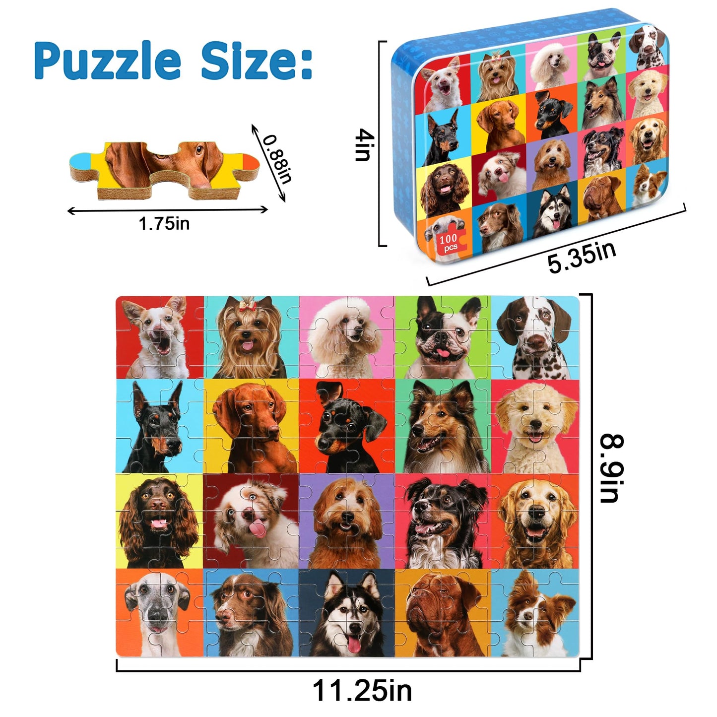 LELEMON 100-Piece Dog Puzzle for Kids 4-8 – Metal Box Educational Jigsaw Toy
