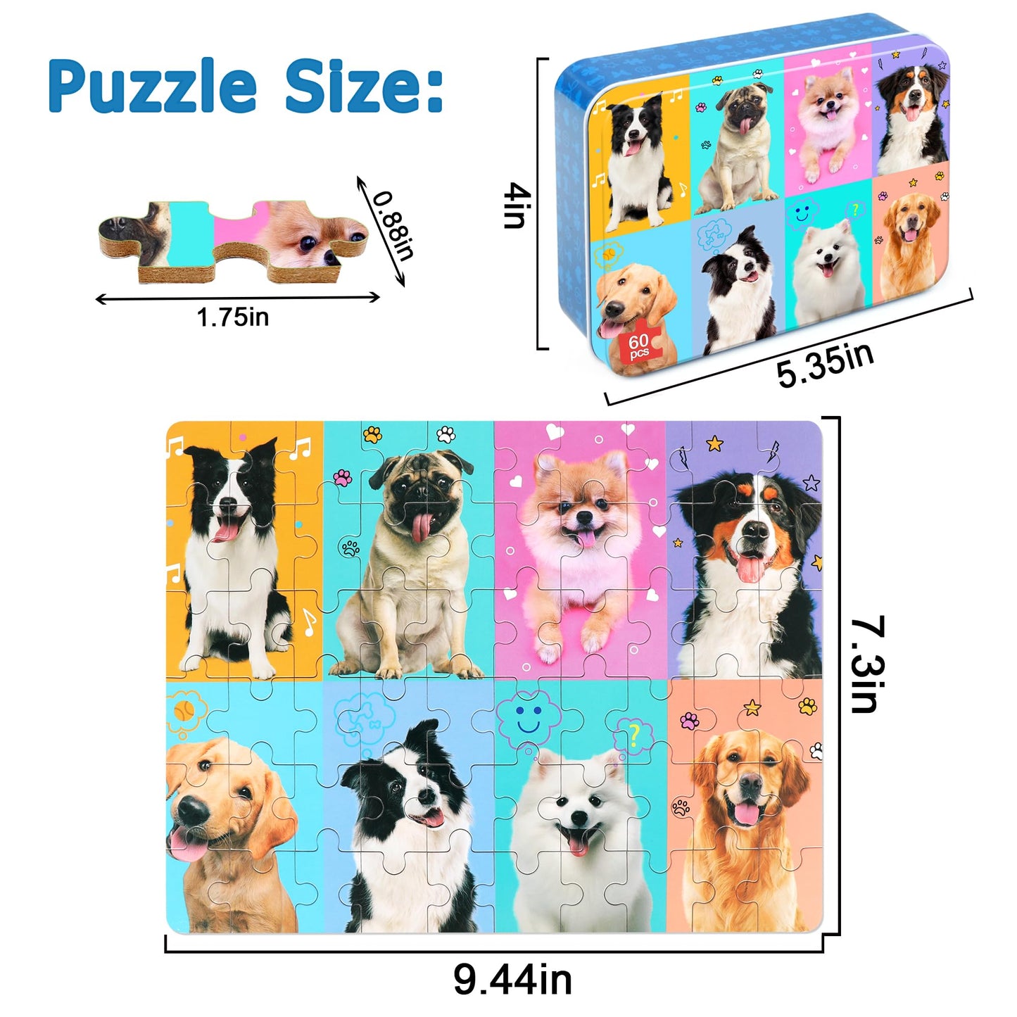 LELEMON Dog Puzzle 60-Piece for Kids 4-8 | Metal Storage Box | Educational Jigsaw