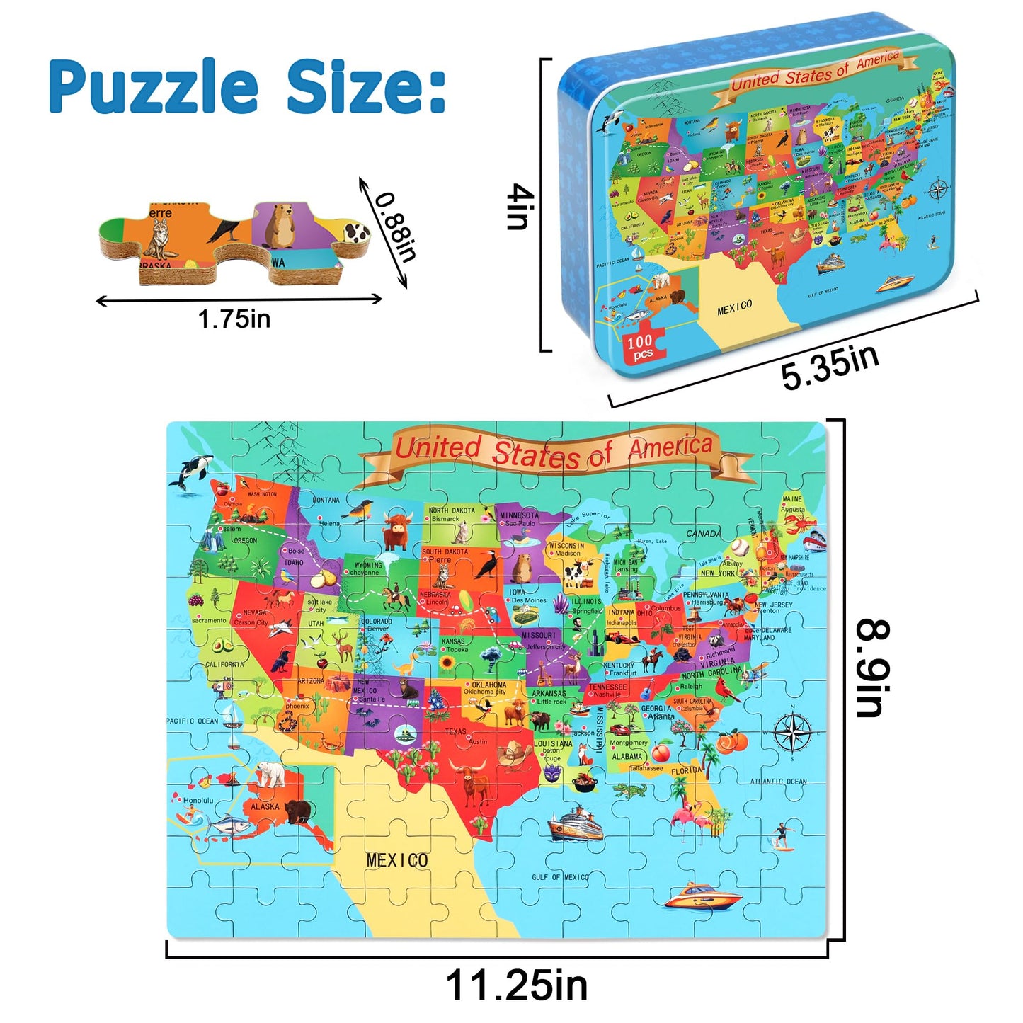 LELEMON USA Map 100-Piece Puzzle for Kids 4-8 in Metal Box | Educational Jigsaw