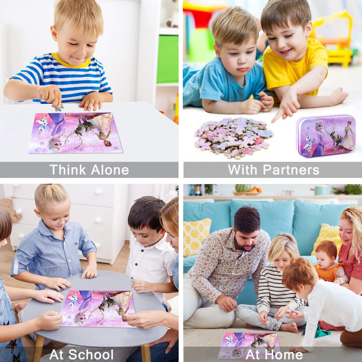 LELEMON Pretty Puzzles for Kids 4-6 — Snowmen 60-Piece Jigsaw in Metal Box