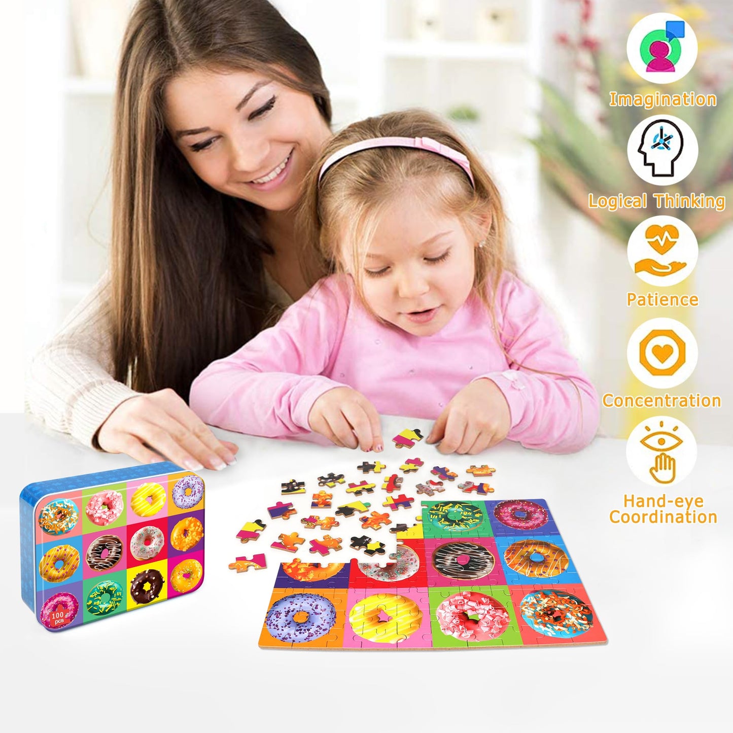 LELEMON Donut 100 Piece Puzzles for Kids 4-6 – Metal Box Storage, Educational Jigsaw