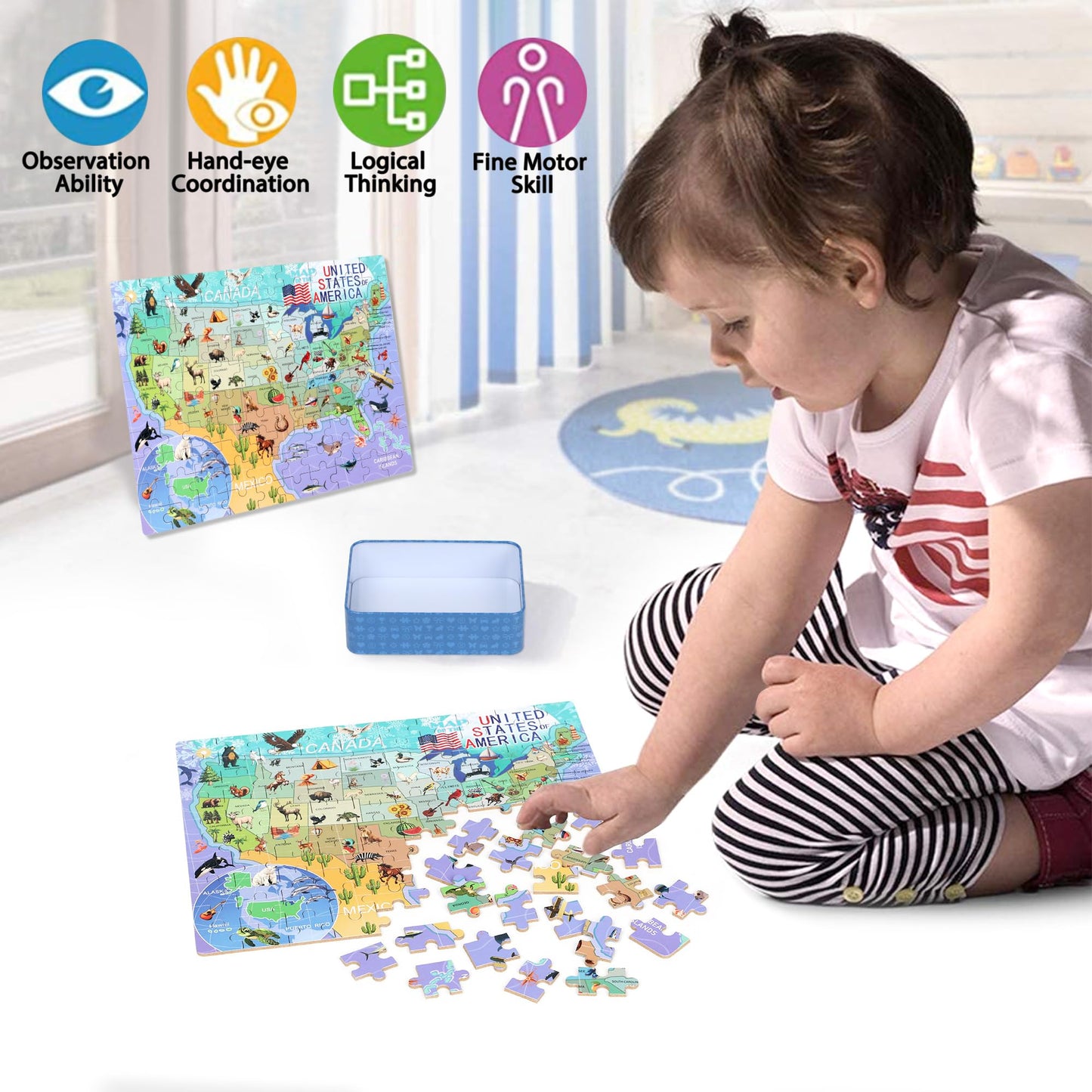LELEMON USA Map 100-Piece Puzzle for Kids 4-8 in Metal Box | Educational Jigsaw