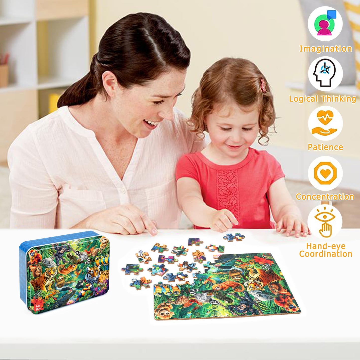 LELEMON Jungle Puzzle for Kids 4-6 – 60-Piece Jigsaw in Metal Storage Box