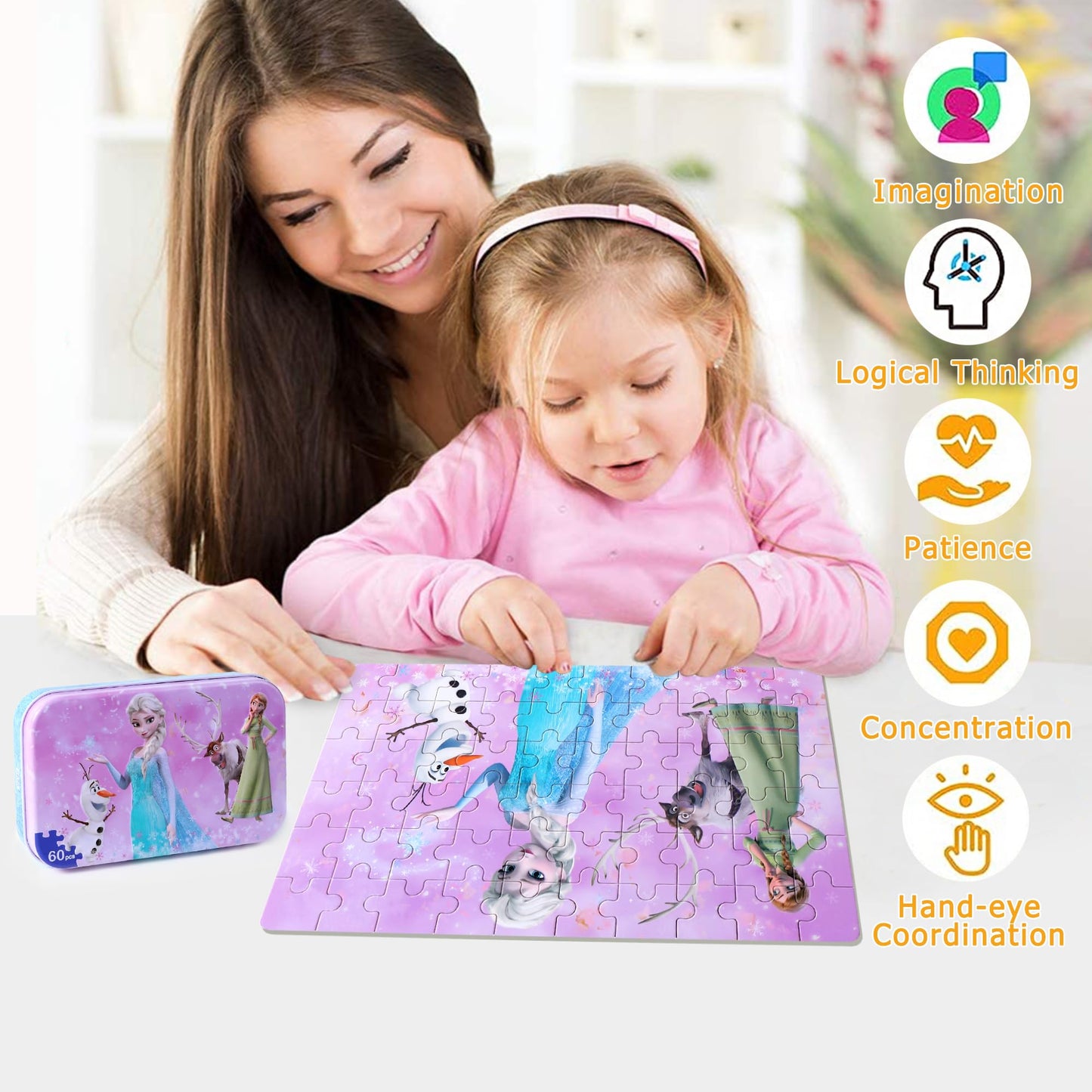 LELEMON Pretty Girl and Snowman 60-Piece Puzzles in Metal Box – Educational Jigsaws for Kids Aged 3-6